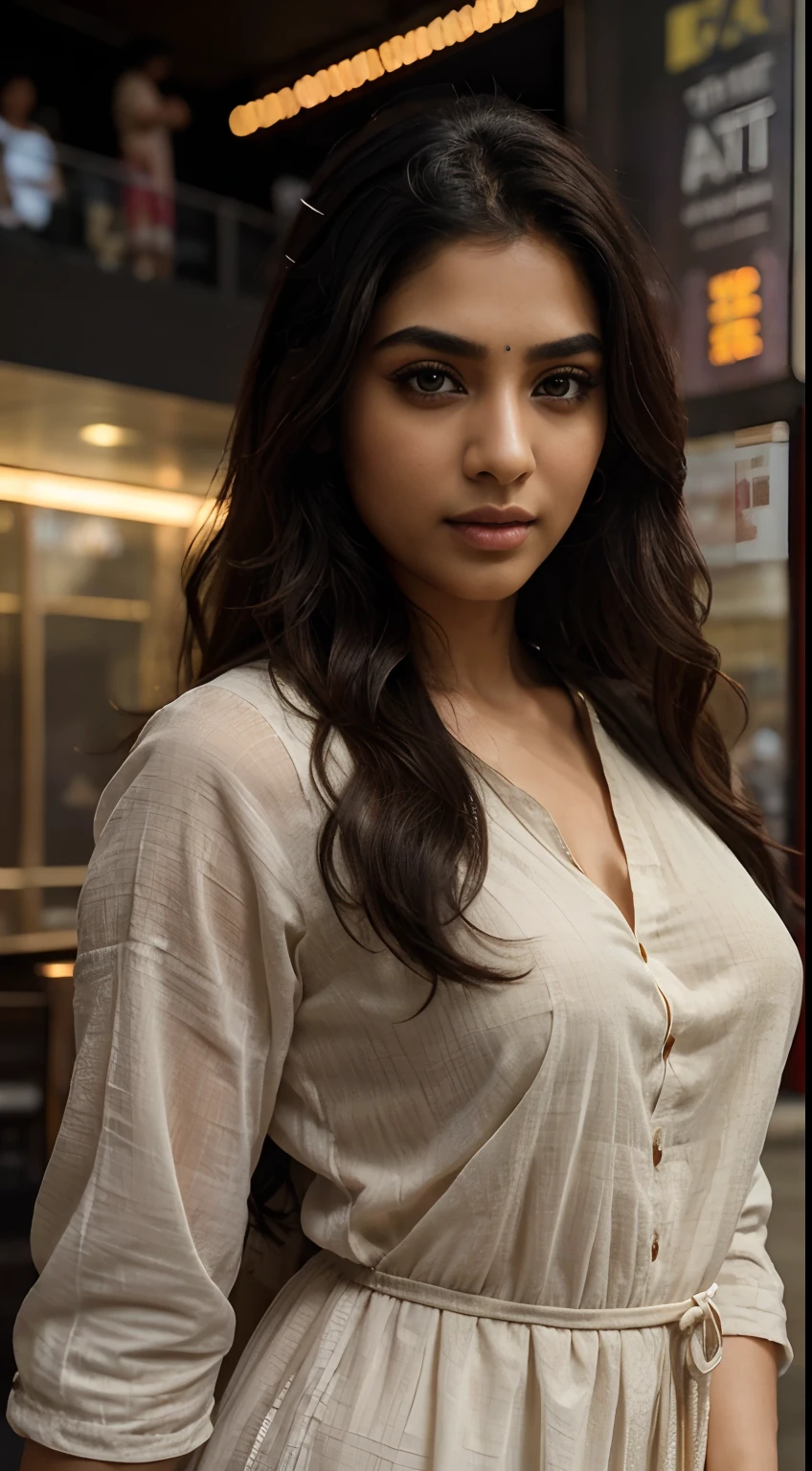 ultra-realistic photographs,Indian Instagram female model,mid 20s,9:16,mid-shot,beautiful detailed eyes,detailed lips,longeyelashes,black curly hair,naturally full eyebrows,perfectly formed nose,expressive face,attractive appearance,confident and elegant posture,graceful movement,vibrant and colorful dress,rich and intricate embroidery, movie theatre background,serene atmosphere,stunning architecture,soft and natural lighting,vivid colors,photorealistic,HDR,highres,studio lighting,ultra-detailed,bokeh,fully covered clothes