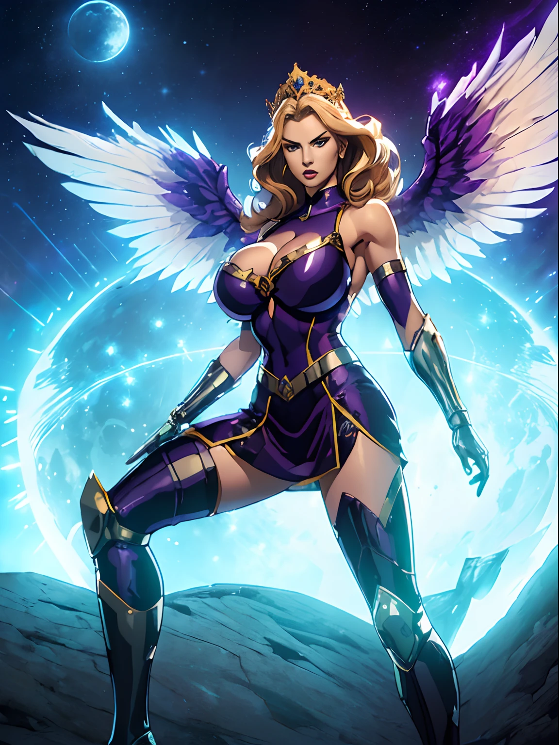 (masterpiece, top quality, best quality, official art, beautiful and aesthetic:1.2), (1girl:1.3), extremely long curly golden hair, extremely detailed, portrait, looking at viewer, solo, (full body:0.6), detailed background, close up, (cool science fiction space theme:1.1), extremely busty valkyrie, charlatan, mysterious, shooting lasers in space, cybernetic angel, huge feathered wings, chrome boob armor, dark purple streamers and skirts and sleeves and knee wrappings, cybernetic implants, mechanical hand, laser cannon, arm cannon, revealing chrome armor, bare midriff, glowing laser energy, crown, halo, intricate armor, ornate chrome armor, sheer white fabric, elegant purple fabric, skirts, streamers, cowl, boots, bracers, ((((gigantic breasts))), slim waist, slim hips, long legs, athletic, SPACE, futuristic moon, (space exterior:1.1) background, dark mysterious lighting, shadows, magical atmosphere, dutch angle