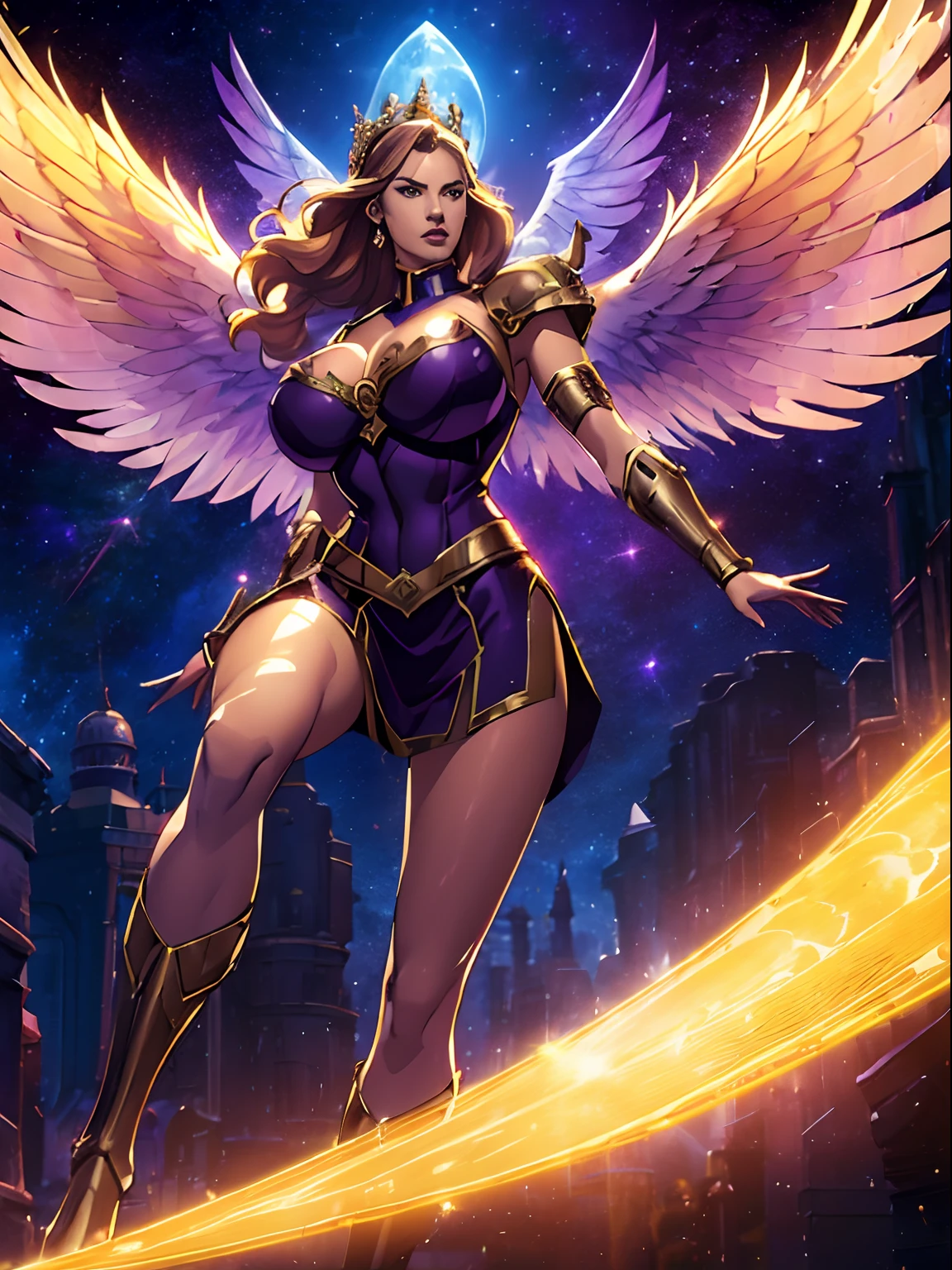 (masterpiece, top quality, best quality, official art, beautiful and aesthetic:1.2), (1girl:1.3), extremely long curly golden hair, extremely detailed, portrait, looking at viewer, solo, (full body:0.6), detailed background, close up, (cool science fiction space theme:1.1), extremely busty valkyrie, charlatan, mysterious, shooting lasers in space, cybernetic angel, huge feathered wings, chrome boob armor, dark purple streamers and skirts and sleeves and knee wrappings, cybernetic implants, mechanical hand, laser cannon, arm cannon, revealing chrome armor, bare midriff, glowing laser energy, crown, halo, intricate armor, ornate chrome armor, sheer white fabric, elegant purple fabric, skirts, streamers, cowl, boots, bracers, ((((gigantic breasts))), slim waist, slim hips, long legs, athletic, SPACE, futuristic moon, (space exterior:1.1) background, dark mysterious lighting, shadows, magical atmosphere, dutch angle