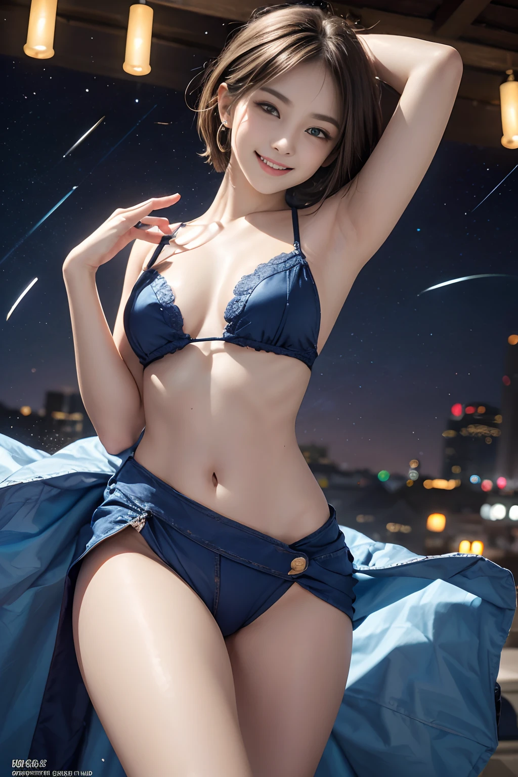 Smile full of happiness、((Looks happy:1.3))、Slender beautiful girl、18year old、Almost completely ?????、Panting face、Lacking、Sweating、Expression in a state of excitement、short-hair、eye glass、Photorealistic,High resolution,Soft light,1womanl,hips up high, Large breasts, Blue eyes, Sexy traditional costume lace, Sexy fluorescent color traditional garment with very small fabric area,、Ultra Mini、Looks Back、Navel Ejection、Wide open chest、stick out、Starry sky with lots of shooting stars in the background at night、Light on her、Fold your hands behind your head、Open the crotch、raise one leg wide