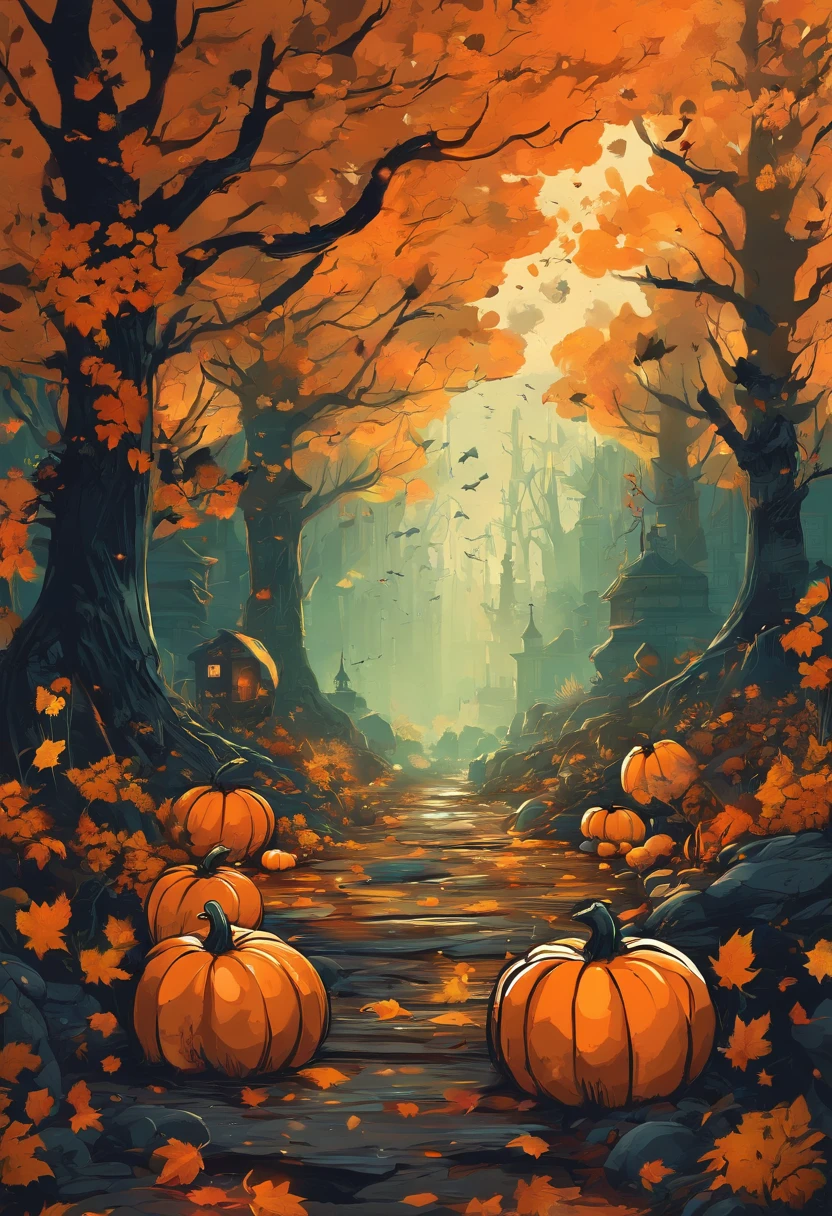 halloween,ln the forest,pumpkins,the bats,The background is night,The sky is full of stars,borgar,digital landscape art, Detailed scenery —width 672, landscape artwork, environment design illustration, scenery art detailed, pavements, concept-art, 4k highly detailed digital art, 4 k digital painting, 4k digital painting, stunning digital illustration, Forest background, digital painting concept art, Detailed digital painting