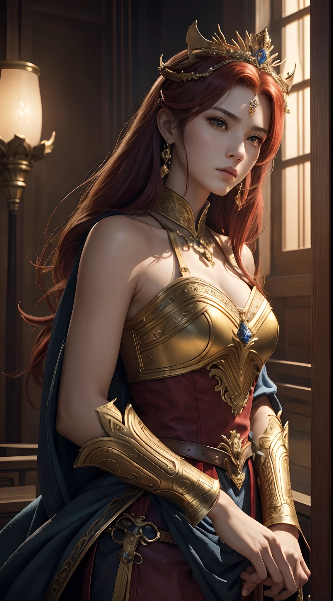 Fantasia、Ancient legends、eventide、Best Quality, Very high resolution, 4K Detail CG, master piece、aesthetics、Mysterious、Queen of Thrones、Charisma、Ishtar, Goddess of War、Increase your fighting spirit、Invincible Great General、Be brave and bold、brave、great、rigor、Awe-inspiring Hall々、glorias、Prestige、Veteran Hero、An unparalleled beauty with a sharp gaze、Rin々Right、Guardians of Lions、refinement、noble、Proud、Wearing noble jewelry、Equip your weapons、The appearance is luxurious and golden armor、cloaks、tall and slender、Long hair with fiery red hair、thirds rule、Perfect Angle、perfect-composition、low angles、Perfect light and shadow contrast、(((masterpiece)))、(((top-quality)))、((ultra-definition))、(High Definition CG Illustration)、((extremely delicate and beautiful))、Cinematic Light、)