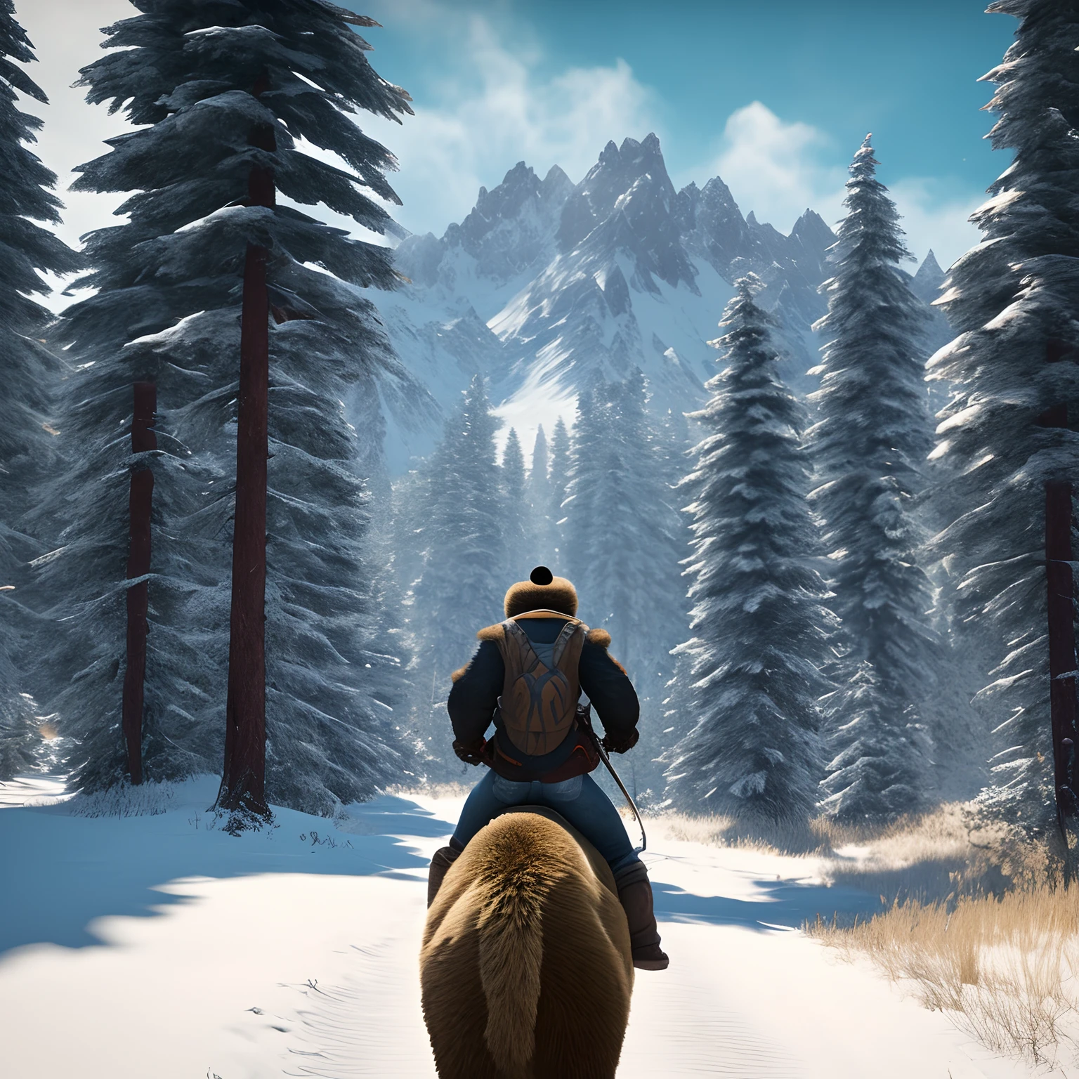 (4k), (Best Quality), (best details), (ultra realistis), Huge muscular guy (Importance 1.1), A man rides on the back of a big bear ( Importance 1.1), In the background you can see the snowy top of the mountain, background (Forest 1.3), Realistic, Bear Rider(1.1)