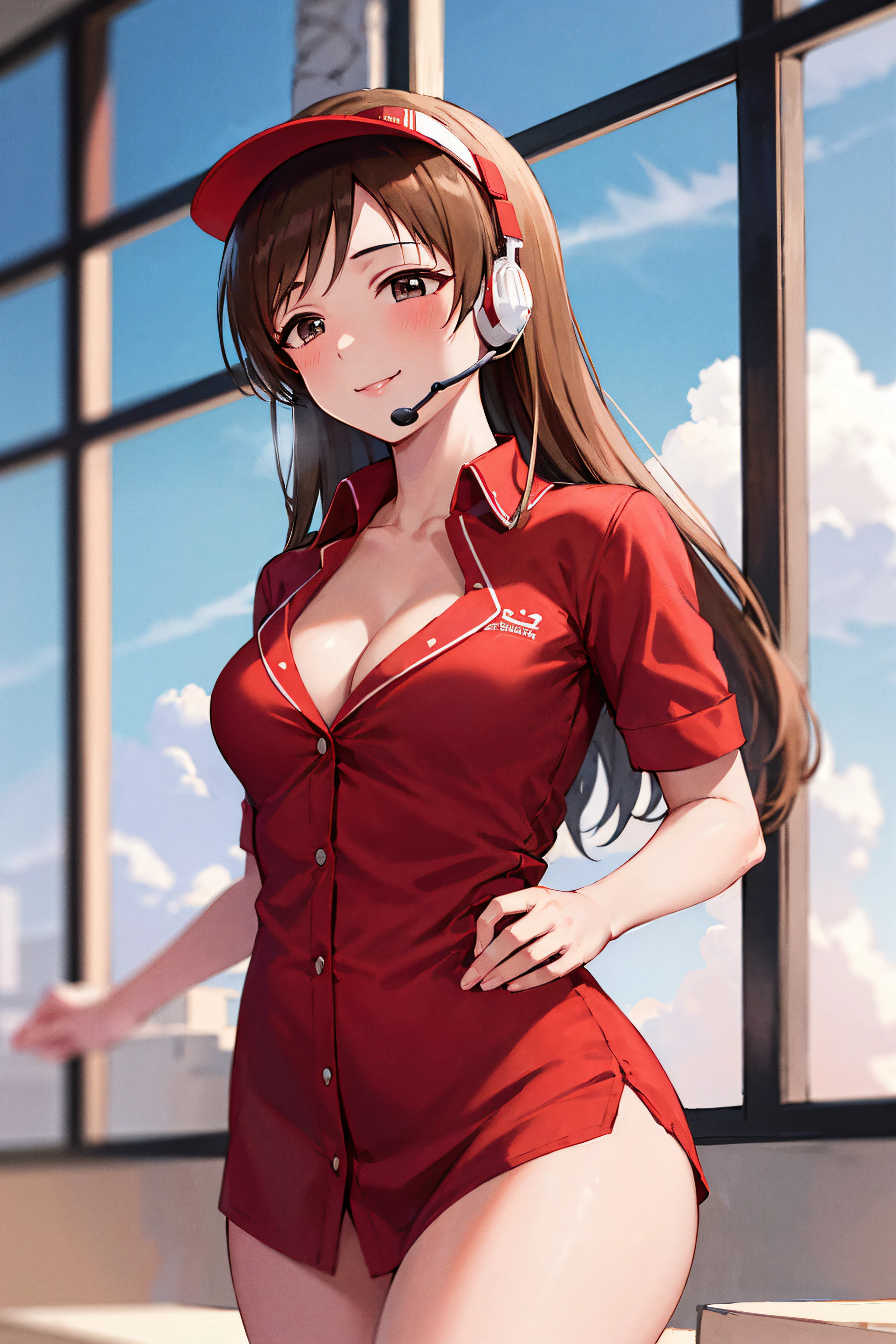 masterpiece, best quality, highres, aanitta, long hair, visor cap, headset, medium breasts, cleavage, pajamas, red shirt, dress shirt, bare legs, idolmaster, cowboy shot, standing, smile, blue sky, arms at sides, straight-on,NSFW, (beautiful_face:1.5),(narrow_waist),(perfect hands, perfect anatomy),