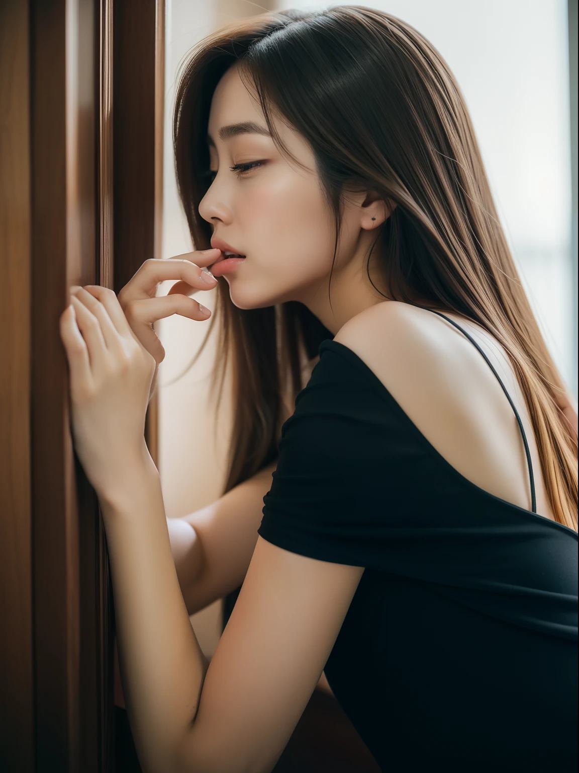 ((Best Quality, 8K, masutepiece:1.3, hight resolution, Beautiful Girl)), Cute, Detailed face, Detailed skin, Detailed eyes, Detailed lips, Detailed fingers, Photorealistic, Raw photo, Natural lighting, Perfect Anatomy, 二重まぶた, moist lips, toned legs, (Off-the-shoulder leather dress, Braid hair, Hair over one eye, Black hair), Looking at Viewer, Cyberpunk, Bare shoulders, Sitting, in the messy toilet, peeing herself, close up