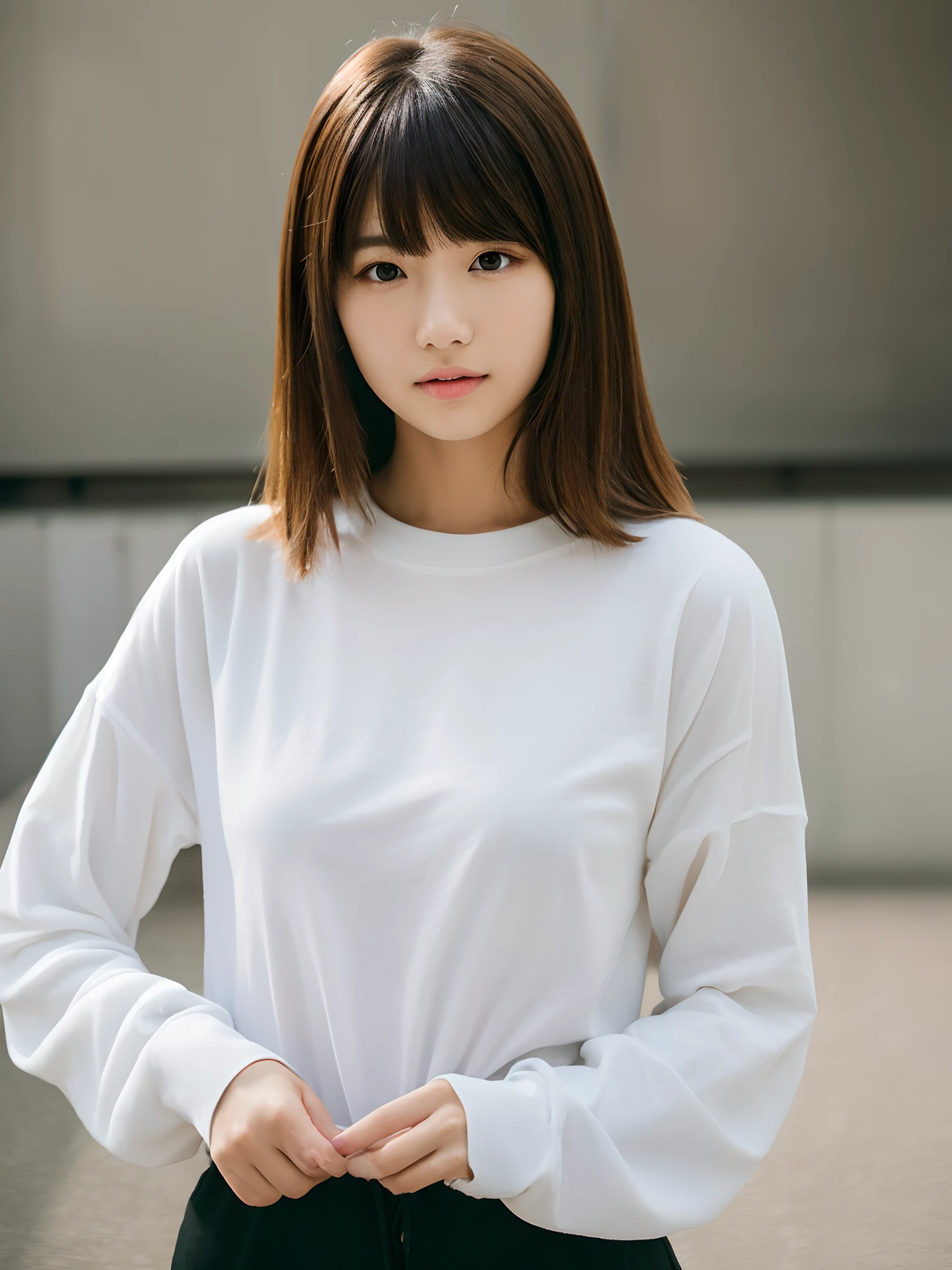 top-quality、超A high resolution、(Photorealsitic:1.4)、1人、、small tits、、、A Japanese Lady、Looking at the camera、long Sleeve T-Shirt、Concrete background、Facing the front、is standing、blondehair、Woman in her late teeight bangs、short-hair、Salon model style、Natural look、Leaning against the wall、After styling in a beauty salon