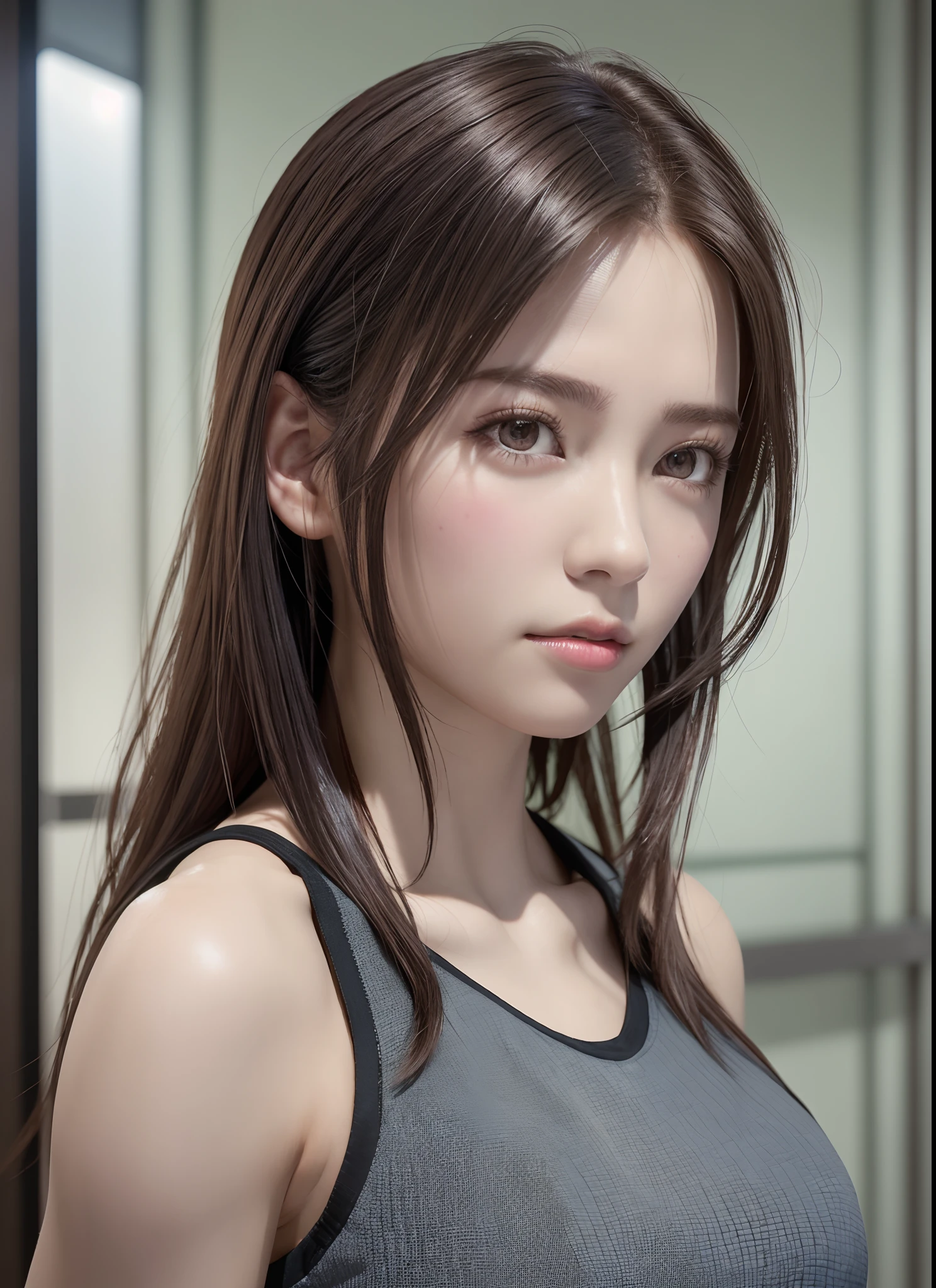 high quality picture, masutepiece, detailed hair texture, Detailed skin texture, Detailed Cloth Texture, 8K, Add fabric details, ultra detailed skin texture, ultra detailed photographic, Skin pores, Portrait of a girl, wearing tank top,