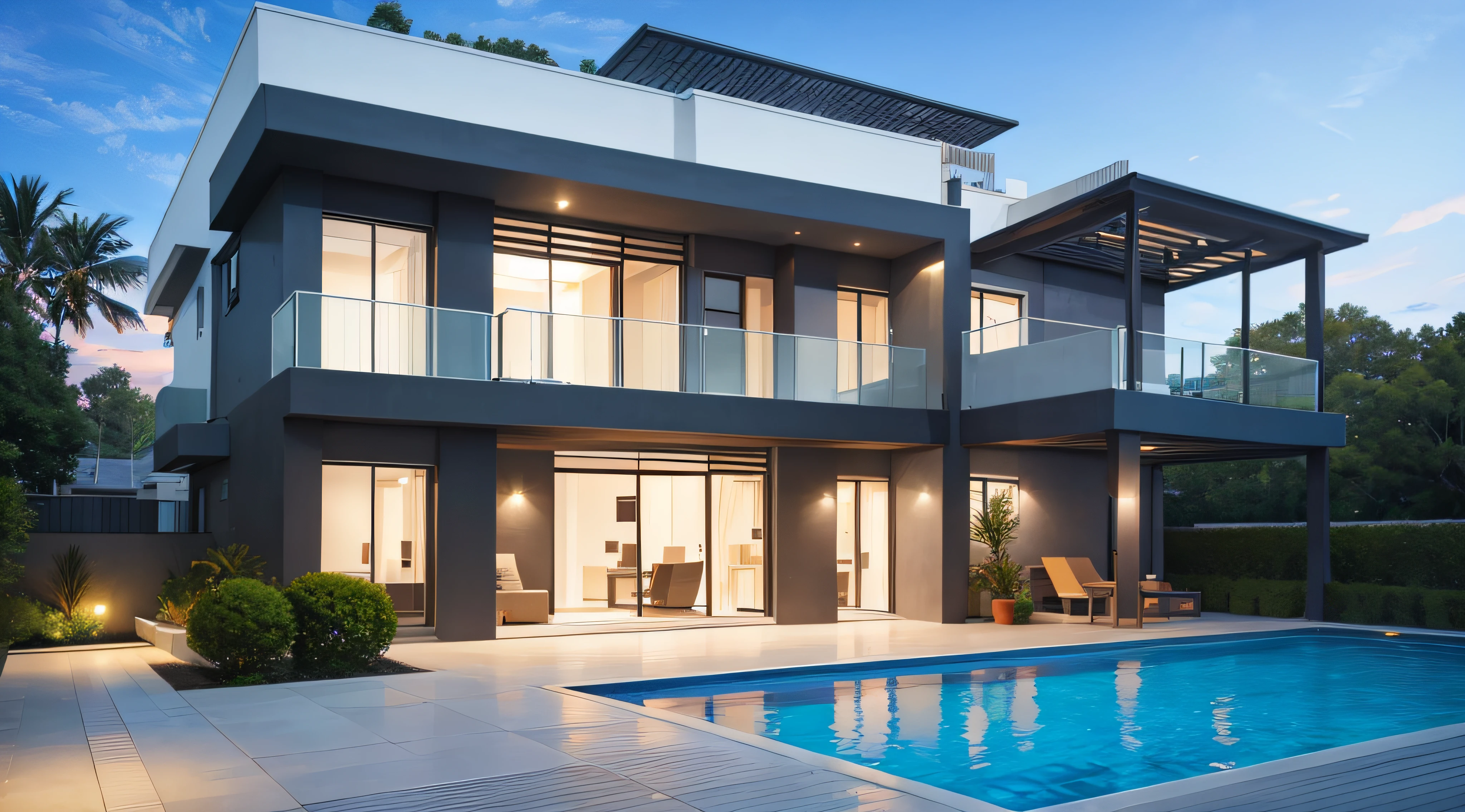 Exterior of beautiful modern house with solar panels on roof. Luxury villa with terrace and swimming pool