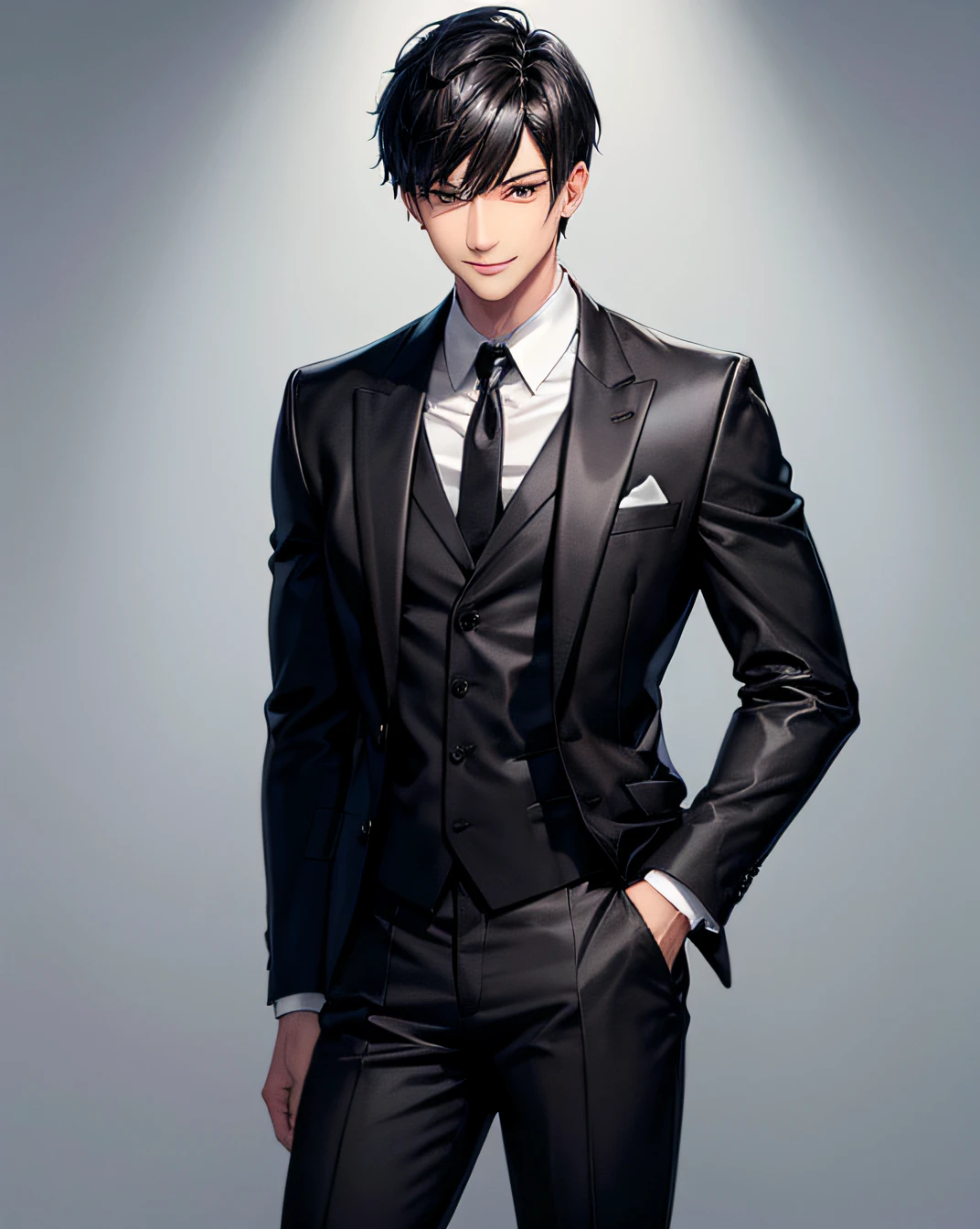 1boy, medium height, black eyes, black short hair, sexy smile, wearing full suit in black, medium size muscles, slim waist, perfect fingers, 5fingers, HD, high res, looking at viewer, high quality