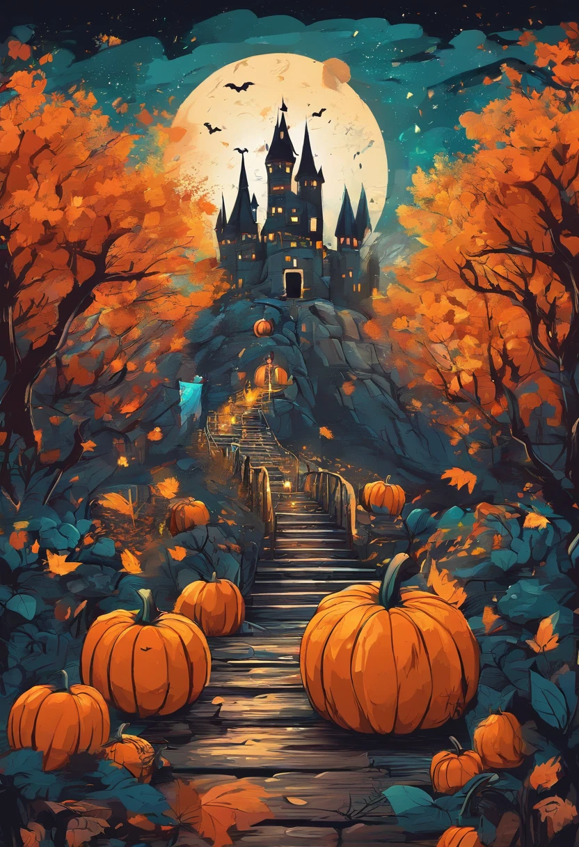halloween，ln the forest，pumpkins，the bats，The background is night，The sky is full of stars，The castle is the center of the picture，digital landscape art, Detailed scenery —width 672, landscape artwork, environment design illustration, scenery art detailed, The car moves, concept-art, 4k highly detailed digital art, 4 k digital painting, 4k digital painting, stunning digital illustration, Forest background, digital painting concept art, Detailed digital painting