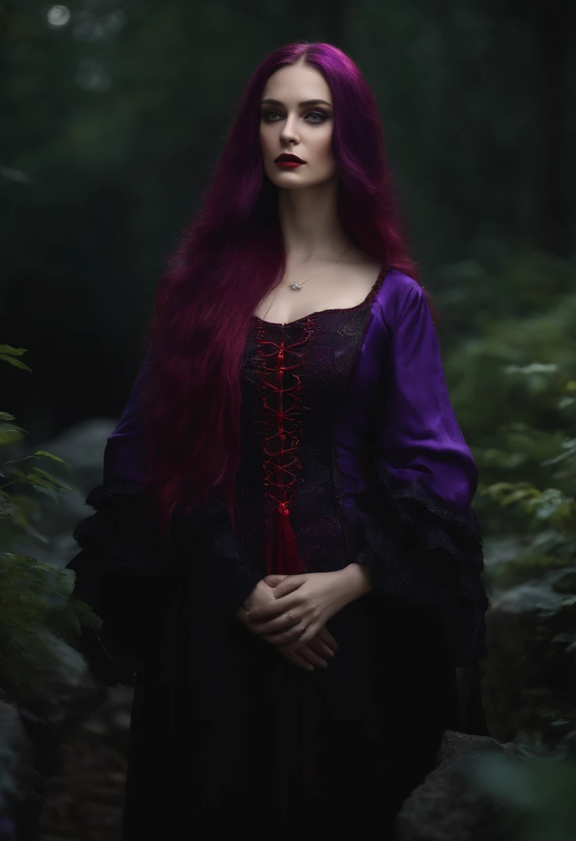 Woman, jellyfish, (feudal middle age:1.1), Slavic appearance, (long straight purple hair gradient pro red), (red eyes), (strong expression look), purple lipstick, fair skin, (black color gothic clothes with red details:1.1), yellow scales on the hands, cinematic lighting, mystical atmosphere, dynamic focus, ultra reality, ultra realistic, ultra quality, real, real texture:1.1, realistic clothes:1.1, 8k insaneres, absurd,