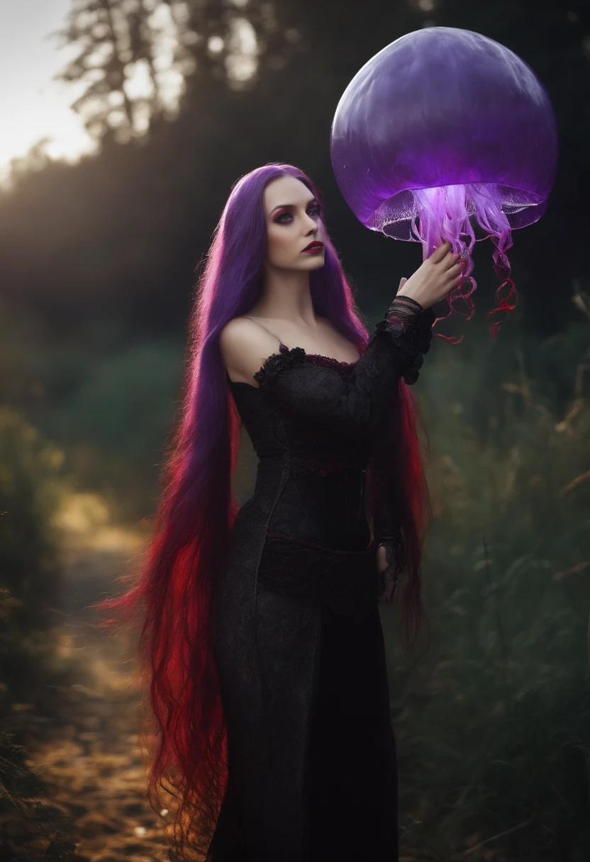 Woman, jellyfish, (feudal middle age:1.1), Slavic appearance, (long straight purple hair gradient pro red), (red eyes), (strong expression look), purple lipstick, fair skin, (black color gothic clothes with red details:1.1), yellow scales on the hands, cinematic lighting, mystical atmosphere, dynamic focus, ultra reality, ultra realistic, ultra quality, real, real texture:1.1, realistic clothes:1.1, 8k insaneres, absurd,