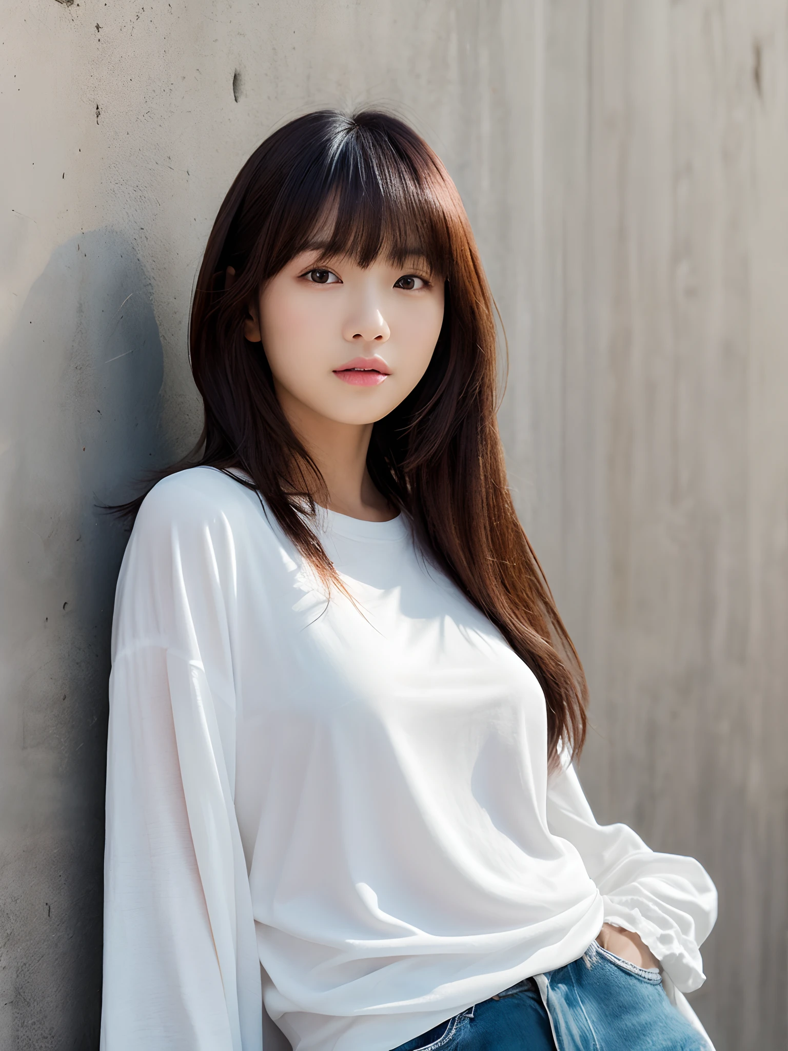 top-quality、超A high resolution、(Photorealsitic:1.4)、1人、、small tits、、、A Japanese Lady、Looking at the camera、long Sleeve T-Shirt、Concrete background、Facing the front、is standing、blondehair、Woman in her late teeight bangs、short-hair、Salon model style、Natural look、Leaning against the wall、After styling in a beauty salon