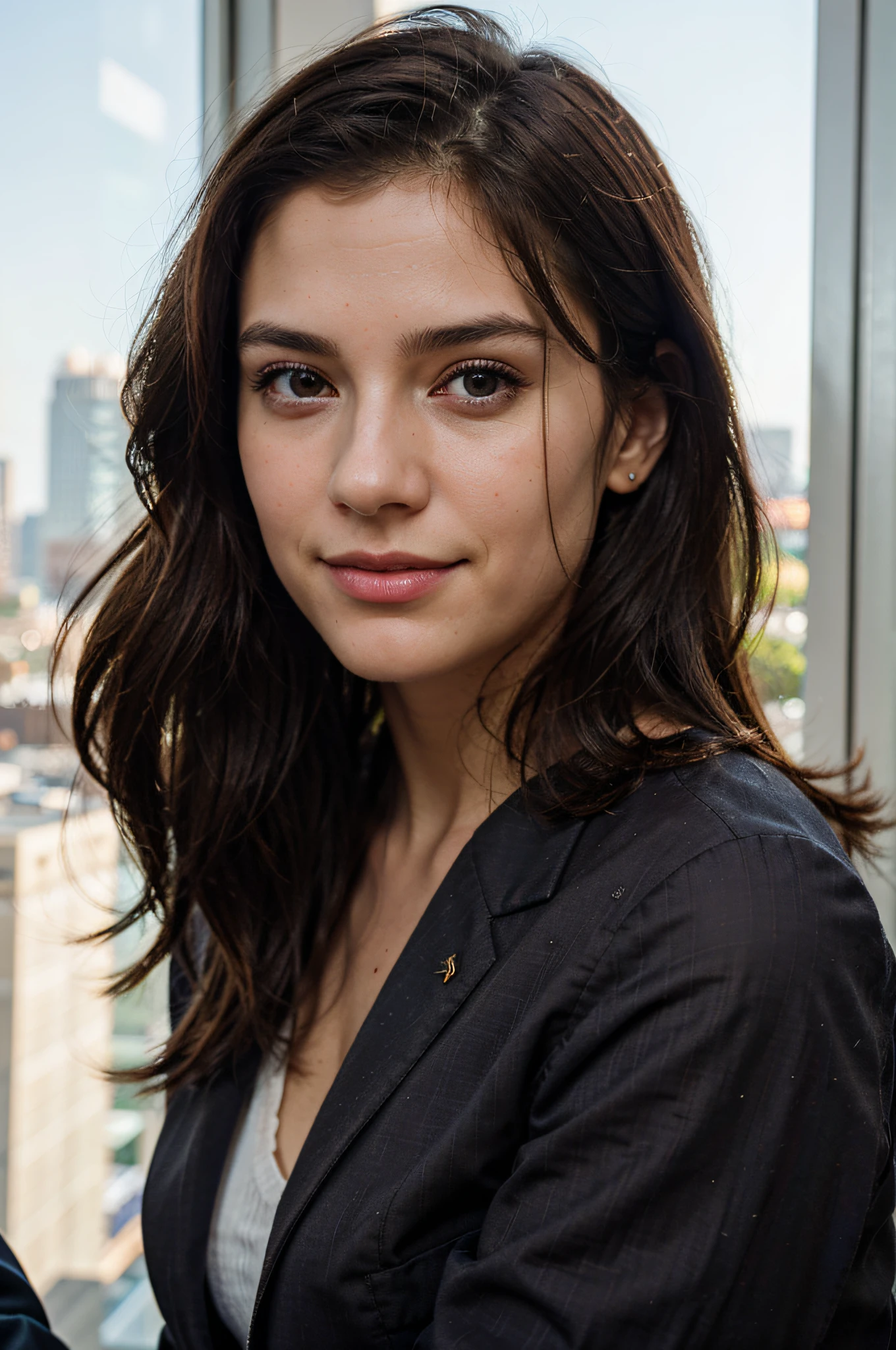 Beautiful girl in suit in office, (Business work attire), sportrait, Beautiful face, beautidful eyes, sportrait, Shy smile, opening eyes, an award winning photograph, best qualityer, full bodyesbian, Hannahowo, brown hair, Port 400, F2.8, natural color, Detailed textures, Natural lighting, Zeiss, Medium format, Bokeh, Eye contact