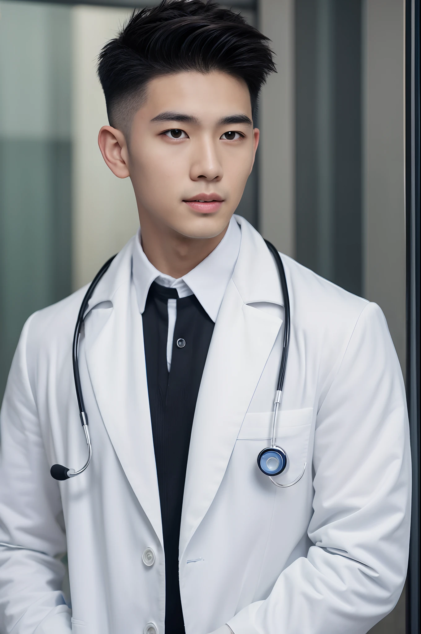 arafed boy in a doctor white coat, a Collared shirt, ((Doctor Style)), a Black  pants, a detailed stethoscope, inside hospital, Detailed background, detailed fingers, Full Body Shoot, Quiff haircut, look at camera, detailed facial parts, Manly, Active Boy, Freestyle Pose, Happy Expression, perfect ???????, symmetric body, asian boy 19 years old, high detail, asian, realistic, human skin, Short Hairstyle, handsome chad chin, handsome, masculine, attractive, human skin, (eyes contact), Handsome, Attractive