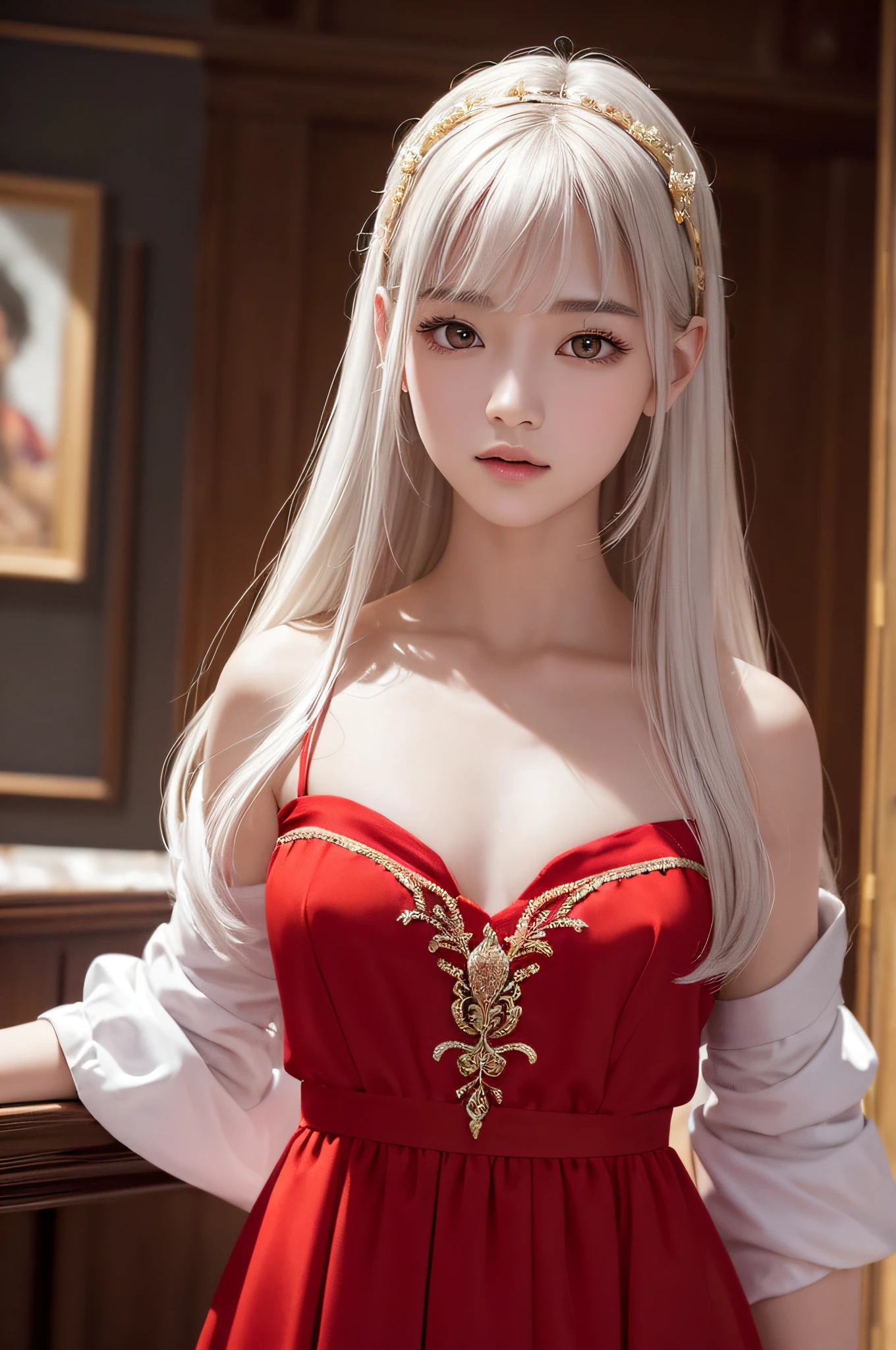 (masterpiece、top-quality、top-quality、Beautifully Aesthetic:1.2)、(1girl in:1.3)、(Fractal art:1.3)、absurderes、masterpiece、top-quality、realisitic、ultra-detailliert、(shinny skin)、Look at viewers、A slender、1girl in、独奏、stright long hair、Princess Cut、red eyes、动态照明、hight resolution、foco nítido、depth of fields、 tiny chest、Vampires、masterpiece、top-quality、ultra-detailliert、Super detailed face、best quality face、20 years old、Adults、1girl in、20 years old、No humans、white hair、Alchemy costume、Intricate detailed costumes、sexy pose、Glowing red dress