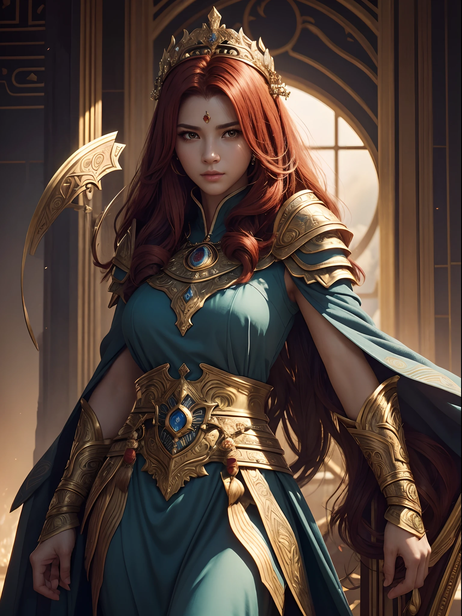 Fantasia、Ancient legends、Sky garden、Eventide、Best Quality, Very high resolution, 4K Detail CG, ​master piece、aesthetics、Mysterious、Queen of Thrones、Charisma、Ishtar, Goddess of War、Increase your fighting spirit、Invincible Great General、Be brave and bold、brave、great、rigor、Awe-inspiring Hall々、glorias、Prestige、Veteran Hero、Unparalleled beauty with a keen gaze、Rin々Right、Guardians of Lions、refinement、noble、Proud、Wearing noble jewelry、Equip a spear、The appearance is luxurious and golden armor、cloaks、tall and slender、Long hair with fiery red hair、thirds rule、Perfect Angle、perfect-composition、low angles、Perfect light and shadow contrast、(((​masterpiece)))、(((top-quality)))、((ultra-definition))、(High Definition CG Illustration)、((extremely delicate and beautiful))、Cinematic Light、）