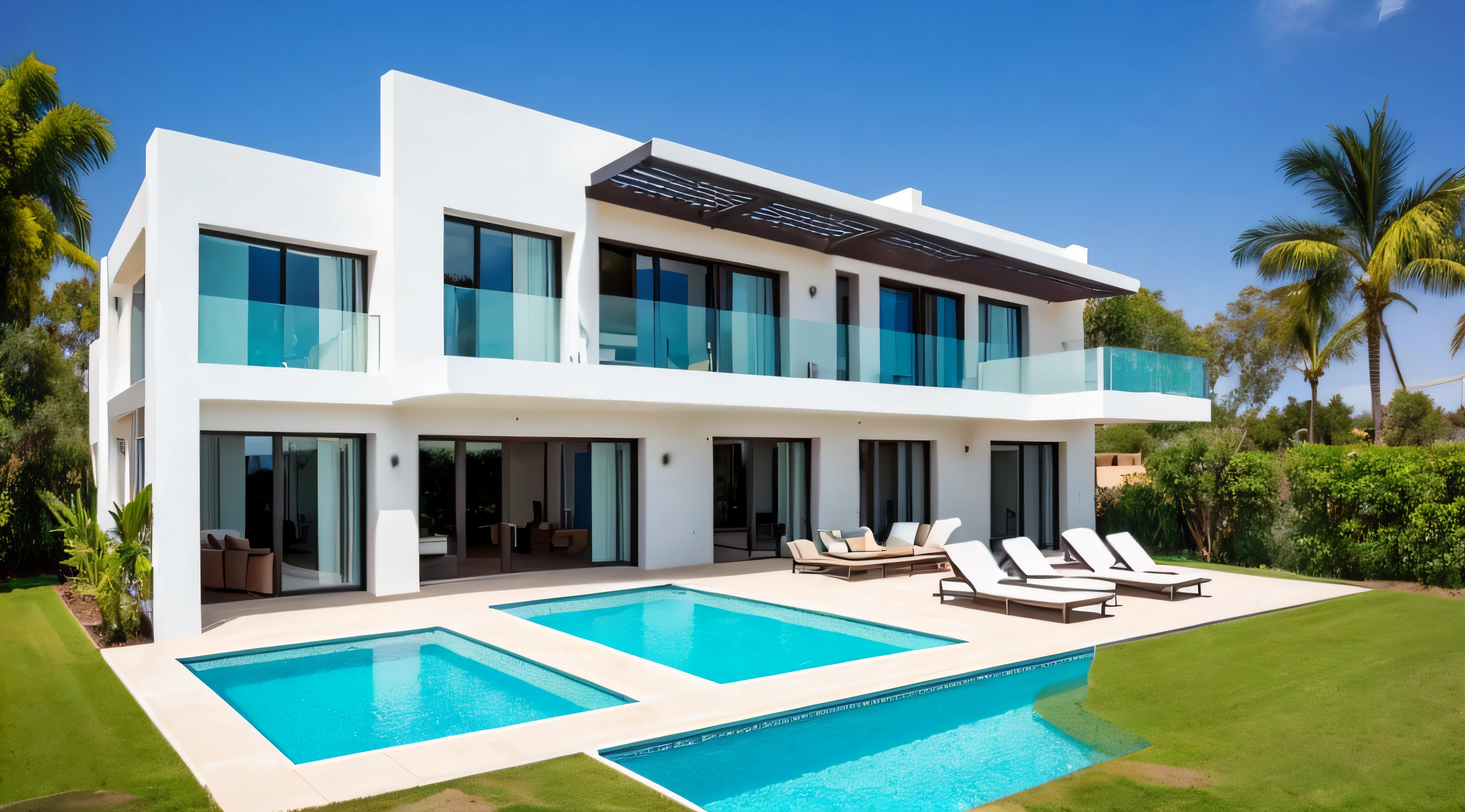 Exterior of beautiful modern house with solar panels on roof. Luxury villa with terrace and swimming pool