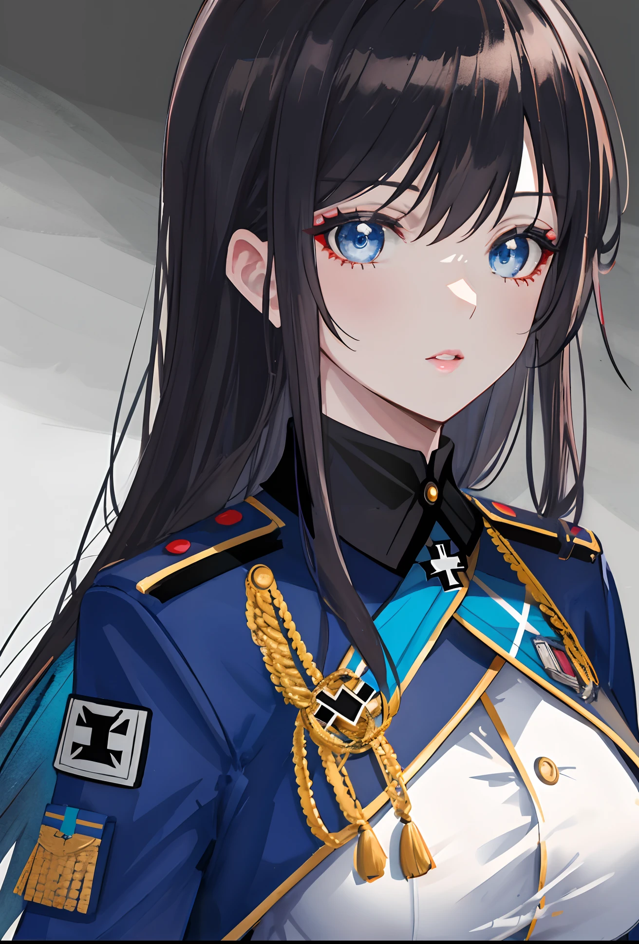 a tall and slender girl wearing a uniform of the Waffen-SS, prominently displaying the Iron Cross medal. (best quality, ultra-detailed) She has icy blue eyes that are meticulously detailed, with long, voluminous eyelashes. Her lips are beautifully shaped and perfectly painted. The realistic rendering of her face and figure captures every intricate detail, making her appear lifelike and almost three-dimensional. The lighting illuminates her with a soft, warm glow, emphasizing the fine textures of the fabric and the shine of the medal. The colors in the image are vivid and rich, enhancing the overall visual impact. The background showcases a dramatic landscape that complements the ominous atmosphere, with dark clouds looming and shadows adding depth to the scene. (military, portrait, photorealistic)