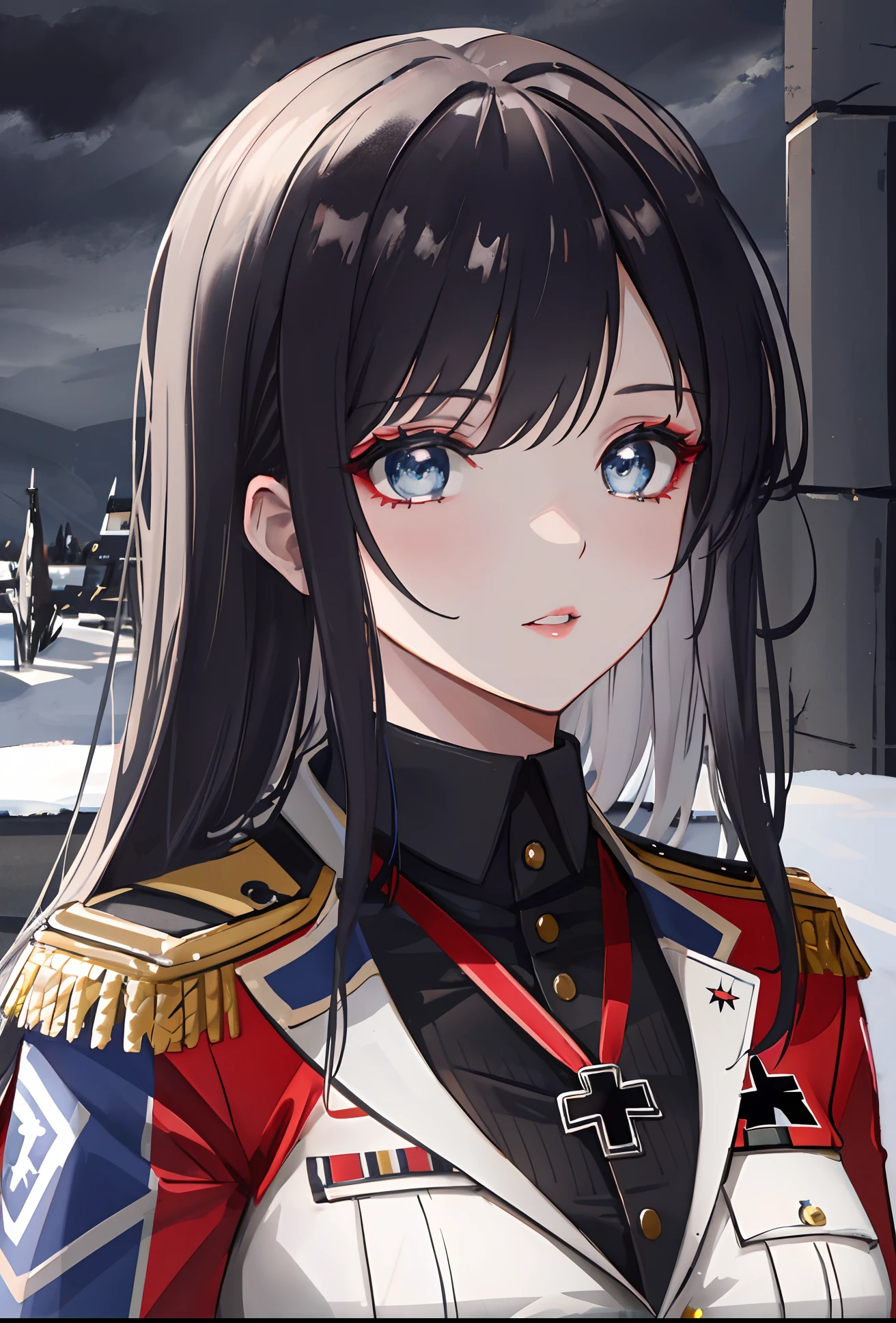 a tall and slender girl wearing a uniform of the Waffen-SS, prominently displaying the Iron Cross medal. (best quality, ultra-detailed) She has icy blue eyes that are meticulously detailed, with long, voluminous eyelashes. Her lips are beautifully shaped and perfectly painted. The realistic rendering of her face and figure captures every intricate detail, making her appear lifelike and almost three-dimensional. The lighting illuminates her with a soft, warm glow, emphasizing the fine textures of the fabric and the shine of the medal. The colors in the image are vivid and rich, enhancing the overall visual impact. The background showcases a dramatic landscape that complements the ominous atmosphere, with dark clouds looming and shadows adding depth to the scene. (military, portrait, photorealistic)