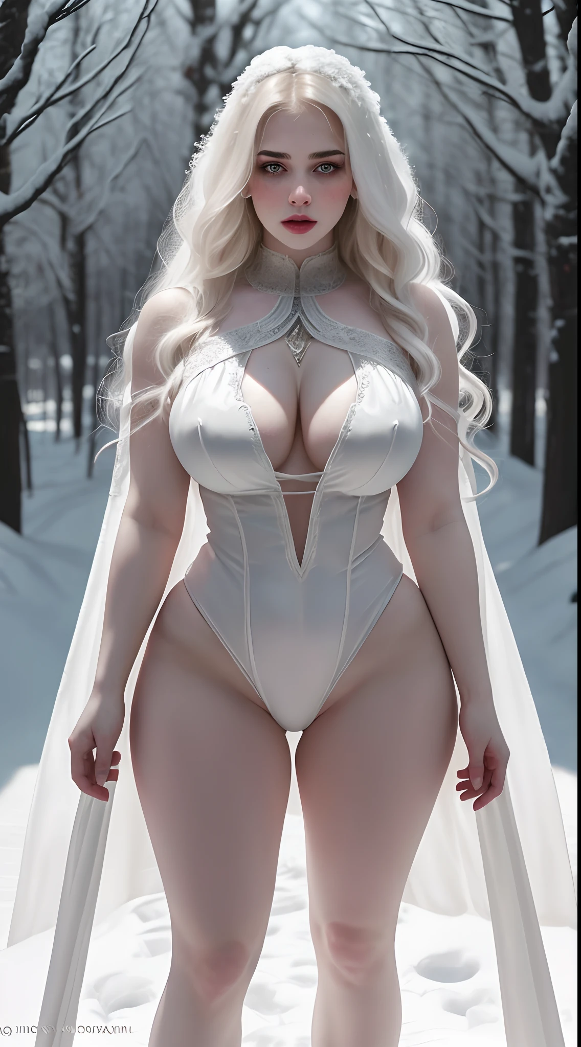(hyper-realistic full-body photograph) of the ((16-year-old Russian girl:1)), with exceptionally albino_(pale skin and long, dark hairstyles). She possesses a curvy_muscular_((voluptuous and prominent figure with a perfect hourglass silhouette and muscle shaped)),. The image aims to capture her in a bottom-up perspective,  She's ((wearing a Erotic snow_white character costume)), erotic-con showcasing her devotion to the SnowWhite by Disney fandom. This photograph is a celebration of the Disney character, emphasizing the (VFX-enhanced colors that bring a touch of fantasy to the real world). (The camera lens is set at 35mm, offering a wide-angle shot that emphasizes her height, extremely seductively and the intricate details of the costume). (The lighting should be dramatic), ((accentuating the shadows and highlights on her  sexy full figure)) (like by Netflix movie wallpaper) ((The desired level of detail is extraordinarily high, and the image should be in ultra-high definition, highlighting the vivid colors and textures)). The goal is to create a captivating photograph that immerses viewers in a ((hyper-realistic fantasy)).