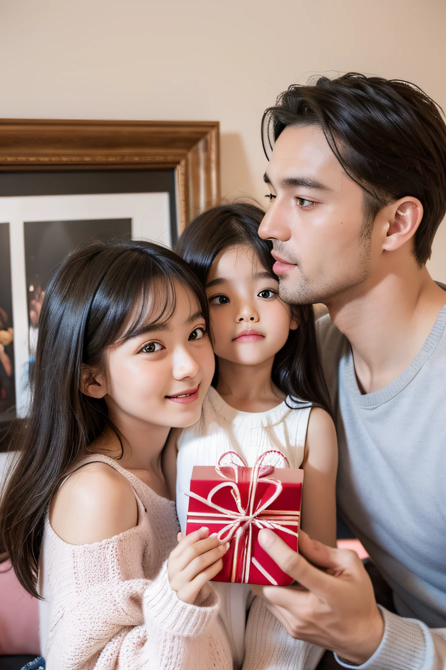 A European and American man and two European and American girls with exquisite facial features,Man reading a love card, family photos, product introduction photos, Happy family, Large gift box, Portrait photo, Gifts, Ultra-detailed, high resolution, top-quality, tmasterpiece, Highly detailed, 8K wallpaper,, handpainted, Hand-drawn, Photo portrait, photo shot, media photo, illustration:.4, cute photograph, giving gifts to people, medium shot photograph,