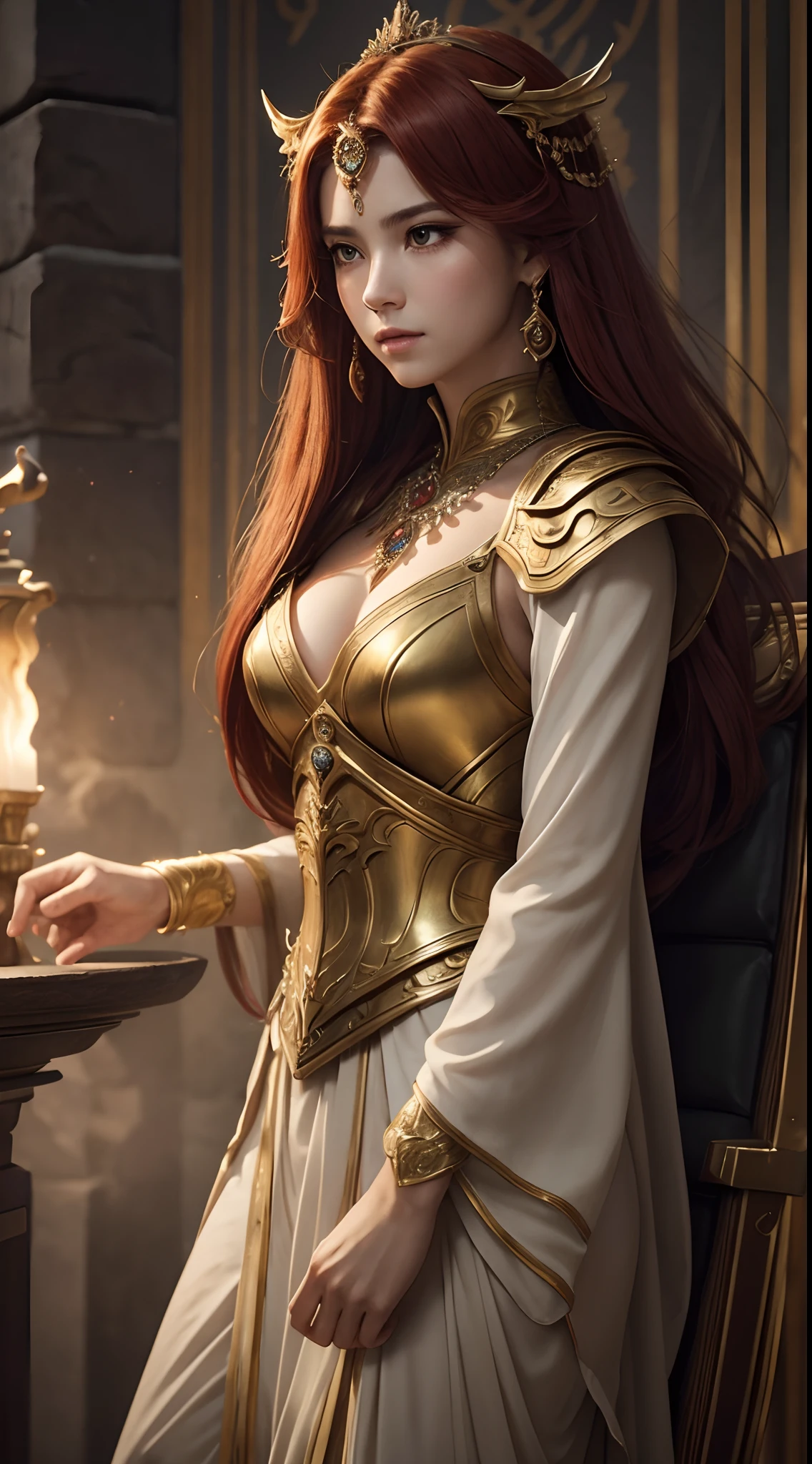 Fantasia、Ancient legends、Eventide、Best Quality, Very high resolution, 4K Detail CG, master piece、aesthetics、Mysterious、Queen of Thrones、Charisma、Ishtar, Goddess of War、Increase your fighting spirit、Invincible Great General、Be brave and bold、brave、great、rigor、Awe-inspiring Hall々、glorias、Prestige、Veteran Hero、Unparalleled beauty with a keen gaze、Rin々Right、Guardians of Lions、refinement、noble、Proud、Wearing noble jewelry、Equip a spear、The appearance is luxurious and golden armor、cloaks、tall and slender、Long hair with fiery red hair、thirds rule、Perfect Angle、perfect-composition、low angles、Perfect light and shadow contrast、(((masterpiece)))、(((top-quality)))、((ultra-definition))、(High Definition CG Illustration)、((extremely delicate and beautiful))、Cinematic Light、)