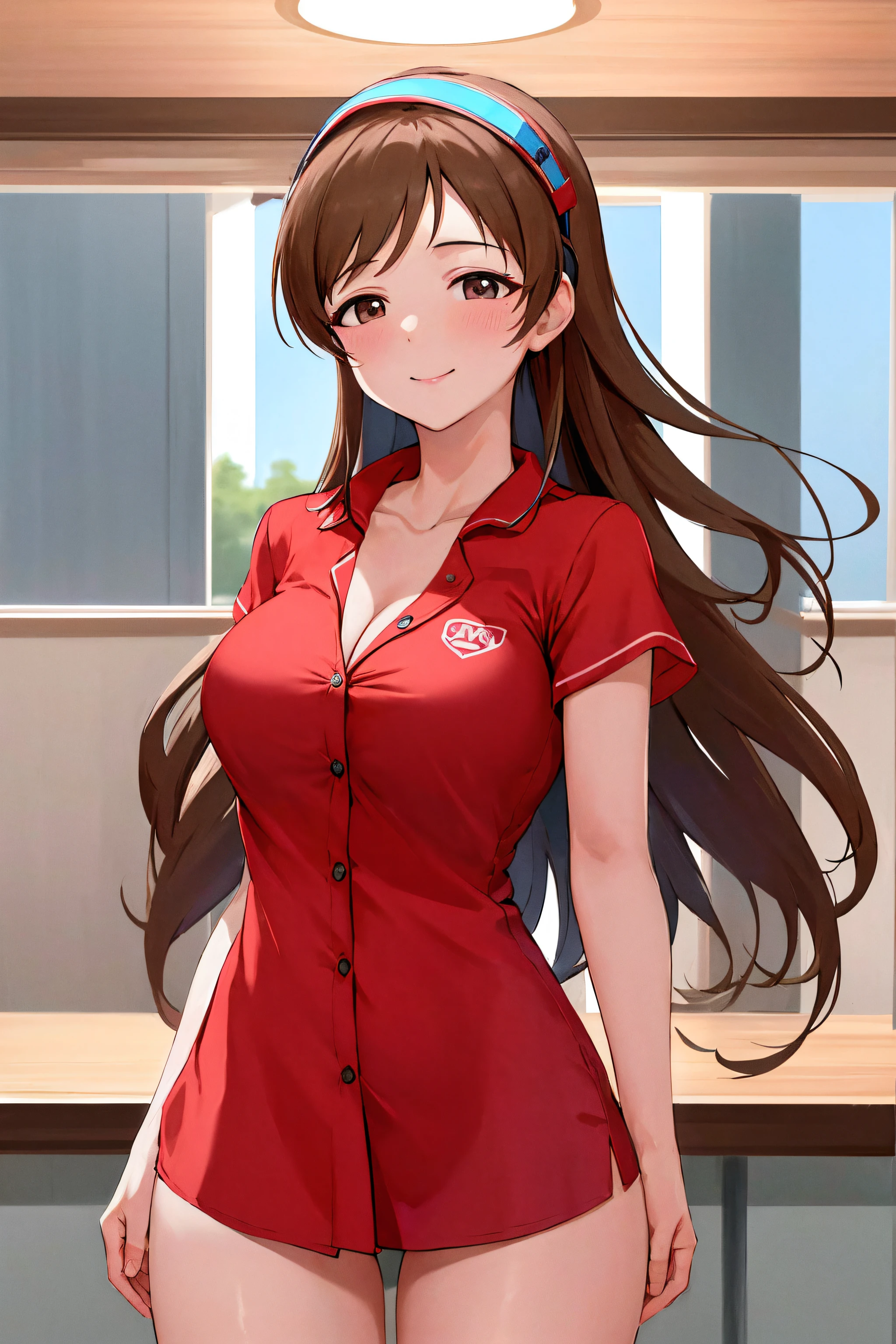 masterpiece, best quality, highres, aanitta, long hair, visor cap, headset, medium breasts, cleavage, pajamas, red shirt, dress shirt, bare legs, idolmaster, cowboy shot, standing, smile, blue sky, arms at sides, straight-on,NSFW, (beautiful_face:1.5),(narrow_waist),(perfect hands, perfect anatomy),