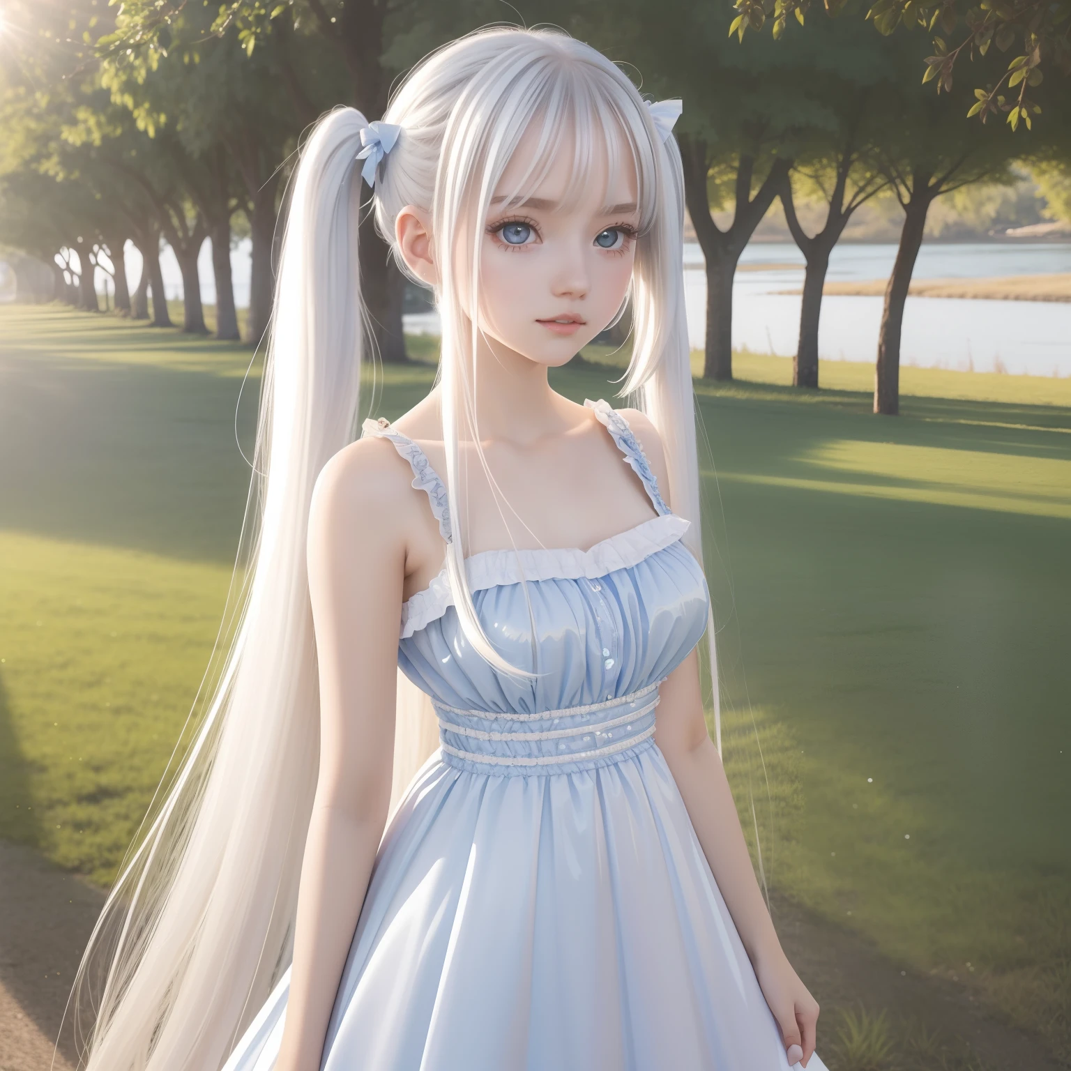 One girl, Lolita dress ,blue sky, bright and very beautiful face, young and shiny shiny white shiny skin, best good looks, twin tails, shiny platinum blonde hair with dazzling reflection of light, super long silky straight hair, long bangs, tremendously beautiful , shining transparent light grey big eyes, beautiful lovely exquisite beautiful girl)