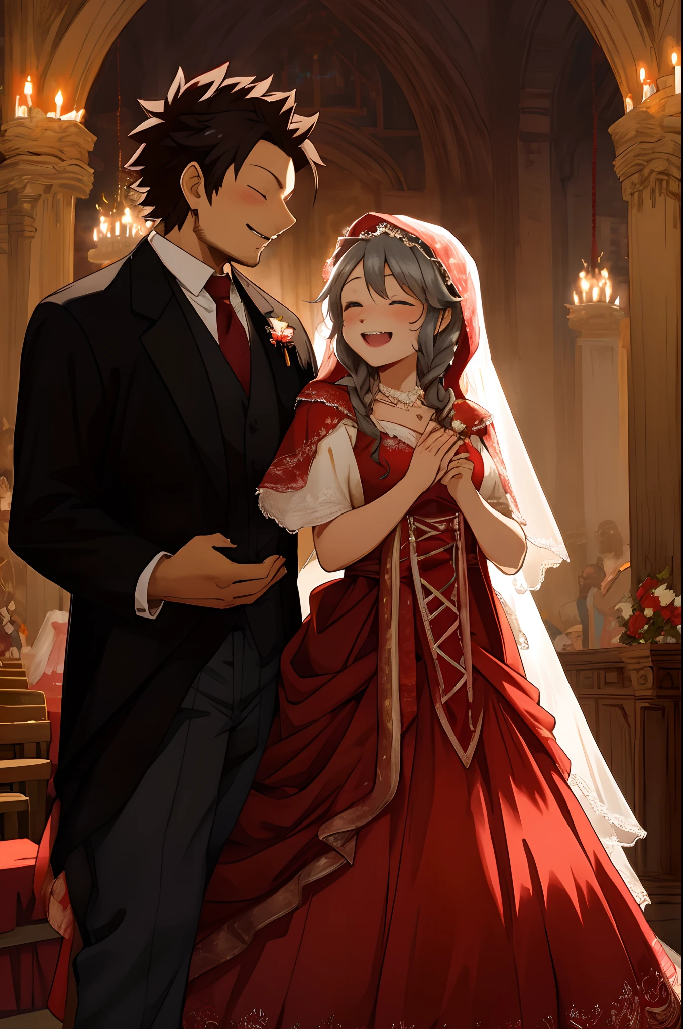 cover_page, Fairy Tail wedding scene, Little Red Riding Hood Wedding with the Wolf, Beautifully dressed old lady in the background, Uncle of a hunter in a stylish suit, Clapping hands in joy and celebrating, Romantic and dreamy atmosphere, Ceremony in a lavishly decorated venue,