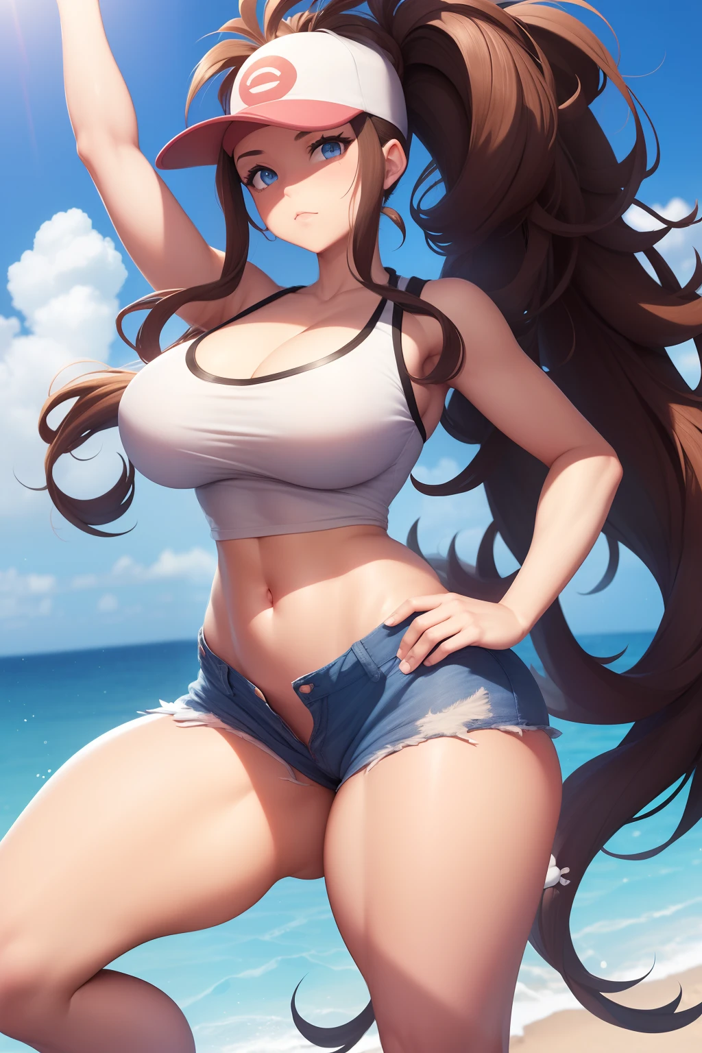 High detail, perfect face, full body, hilda pokemon, white sleeveless croptop, blue short shorts, low rise shorts, white cap, long brown hair, ((absurdly long ponytail:1.3)), ((absurdly big hair:1.3)), standing, beautifull blue eyes, detailed face, thick thighs, wide hips, large breasts, toned body