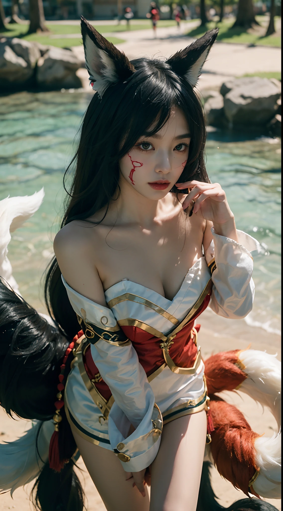 1 Girl, Fox, Fox \ (League of Legends), K/DA \ (League of Legends), Animal Ears, Face Markers, Fox Ears, Fox Tail, Orange Eyes, Multiple Tails, Tail, Water Protection