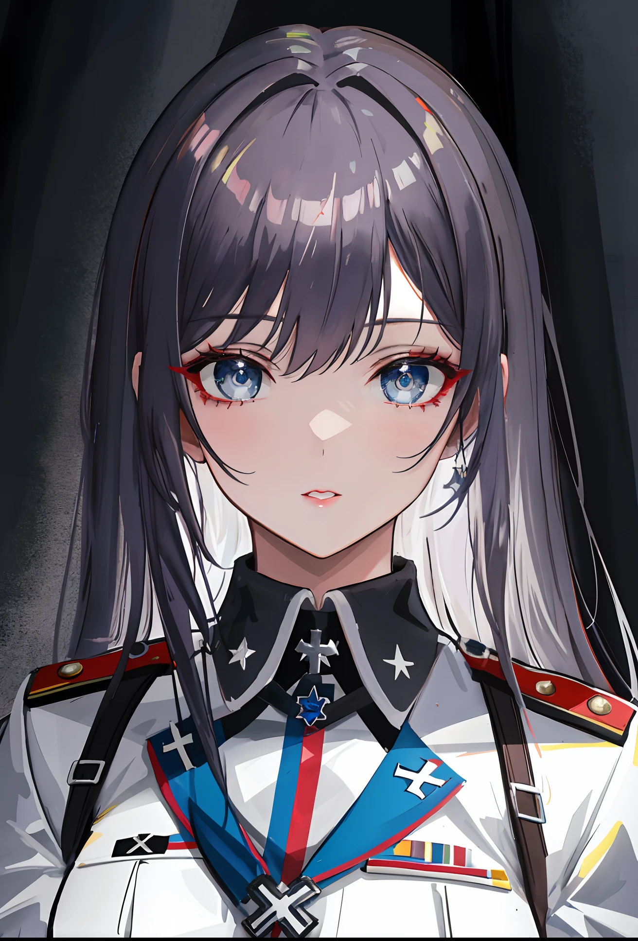 a tall and slender girl wearing a uniform of the Waffen-SS, prominently displaying the Iron Cross medal. (best quality, ultra-detailed) She has icy blue eyes that are meticulously detailed, with long, voluminous eyelashes. Her lips are beautifully shaped and perfectly painted. The realistic rendering of her face and figure captures every intricate detail, making her appear lifelike and almost three-dimensional. The lighting illuminates her with a soft, warm glow, emphasizing the fine textures of the fabric and the shine of the medal. The colors in the image are vivid and rich, enhancing the overall visual impact. The background showcases a dramatic landscape that complements the ominous atmosphere, with dark clouds looming and shadows adding depth to the scene. (military, portrait, photorealistic)