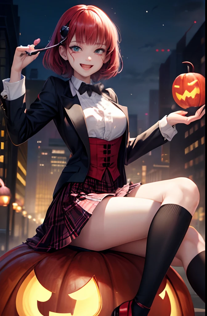 (top-quality、in 8K、32K、masterpiece、nffsw、超A high resolution、Impresionismo、Photorealsitic:1.2)、Colossal tits、cowboy shot、Magician Pose、 detailed faces and eyes、 nightcity、Dim Street Lights、A jack-o'-lantern is placed on the road、Flying balloons、Beautiful girl at 、Joker's red circle nose、Whitewashed face、Paint around the eyes、Joker Makeup、beauitful face、blurry backround、16-year-old beautiful girl、shinny skin、Medium Hair、Beautiful red hair、Blunt bangs、Green eyes、(Joker's clothes:1.2)、Black and red checked Joker costume、Flared skirt with black and red check、Black knee-high、Black Joker Shoes、Curve、(Panties are visible:1.2)、Smile with open mouth、juggling