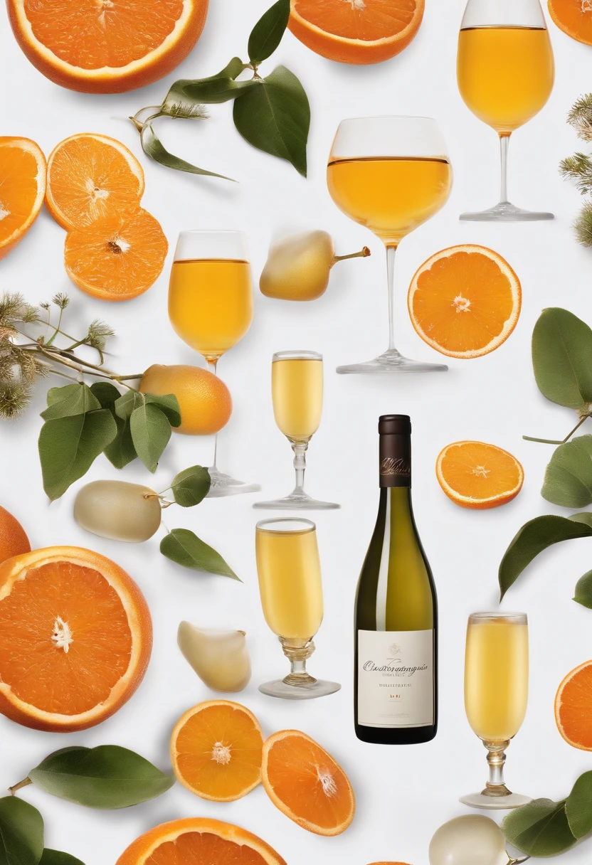 fotografia do produto,There was a bottle of white wine on the table,On top is orange, Wine glasses,Orange drinks