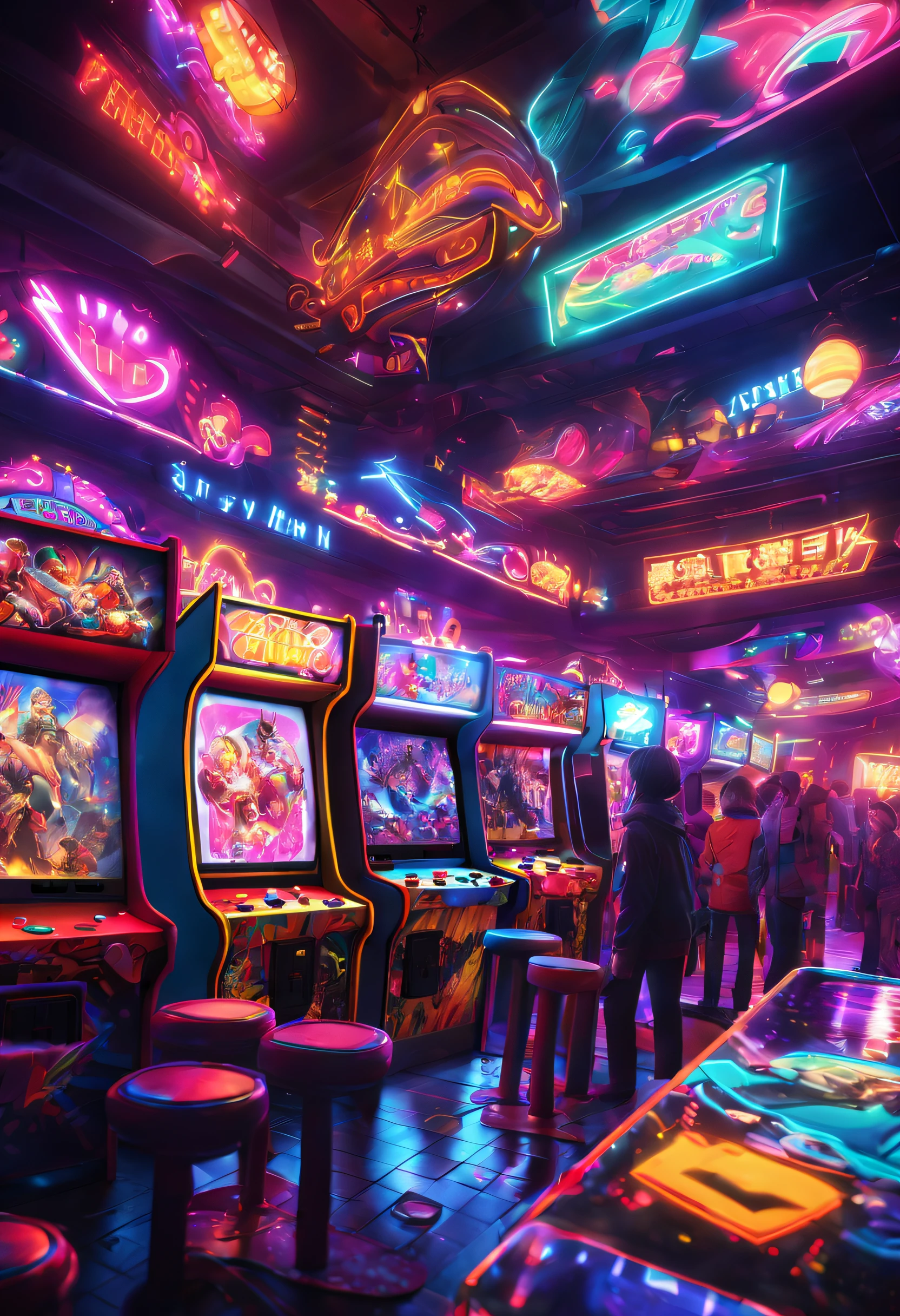 (a bustling arcade,high-quality artwork detailing each game and player's faces),ultra-detailed lighting brings the neon glow to life in the darkness,vivid colors contrasting with the dark,viewed from a ceiling angle adding a sense of dynamism,the background depicts a cityscape at night,adding a modern touch.