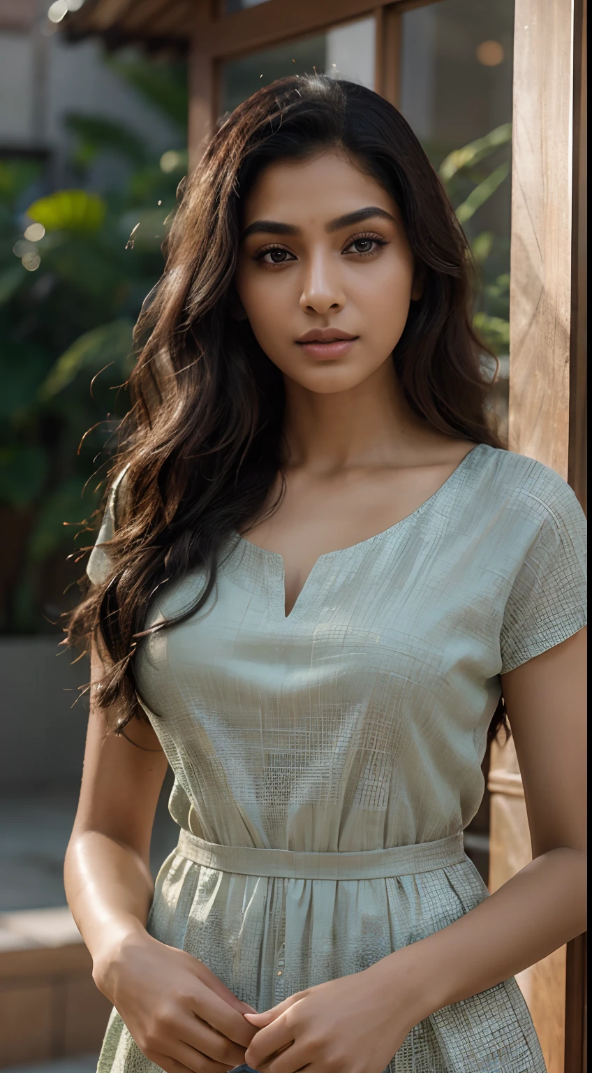 ultra-realistic photographs,Indian Instagram female model,mid 20s,9:16,mid-shot,beautiful detailed eyes,detailed lips,longeyelashes,black curly hair,naturally full eyebrows,perfectly formed nose,expressive face,attractive appearance,confident and elegant posture,graceful movement,vibrant and colorful dress,rich and intricate embroidery, spa background,serene atmosphere,stunning architecture,soft and natural lighting,vivid colors,photorealistic,HDR,highres,studio lighting,ultra-detailed,bokeh,fully covered clothes