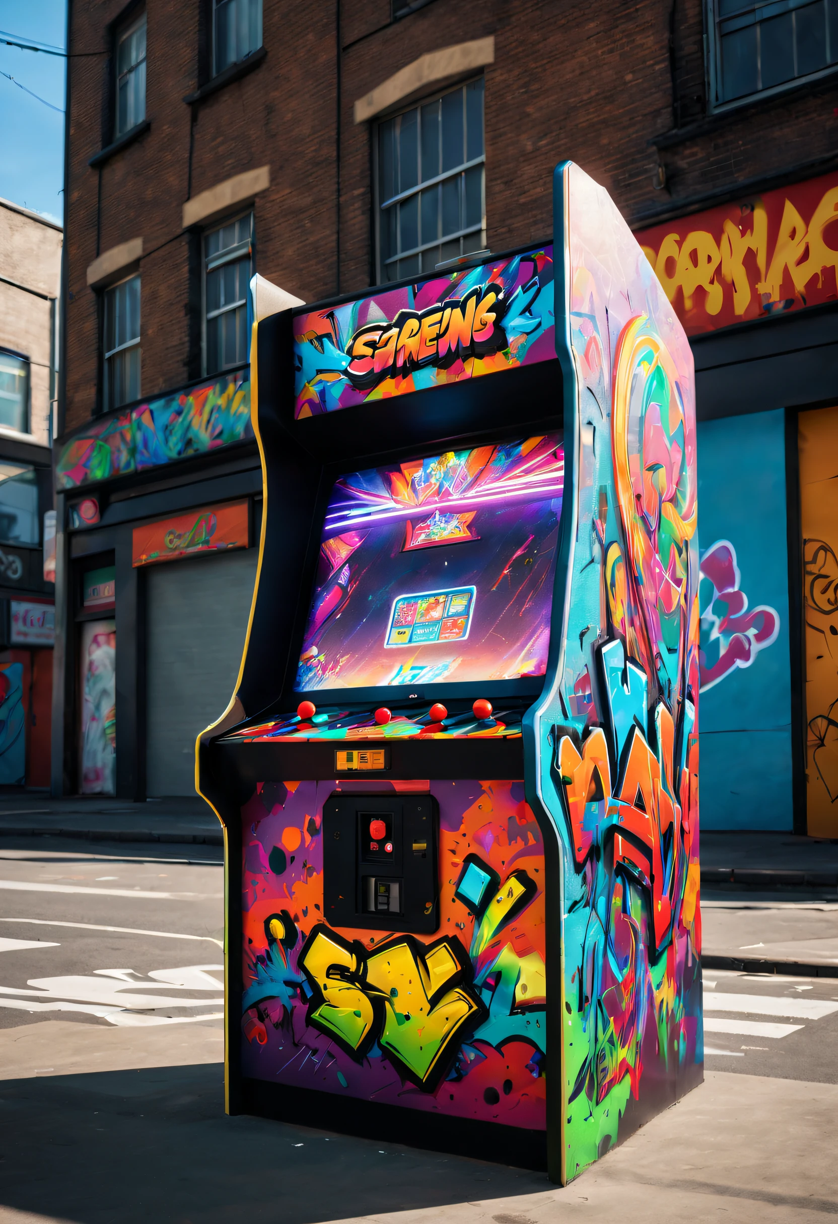 In a street filled with graffiti, an arcade machine is placed in an open space, showcasing high-quality details of the street artist's artwork and the uniqueness of the game machine. Realistic lighting effects make the sunlight dance on the graffiti and the arcade machine, while vibrant colors fill the scene with artistic flair. The perspective is from a window of a high-rise building, giving the image a sense of expansiveness. The background portrays a vibrant street, creating an atmosphere of freedom. 

Tags: graffiti-filled street, arcade machine, open space, high-quality details, street artist's artwork, realistic lighting effects, sunlight, vibrant colors, high-rise building window, expansive perspective, vibrant street, freedom atmosphere.