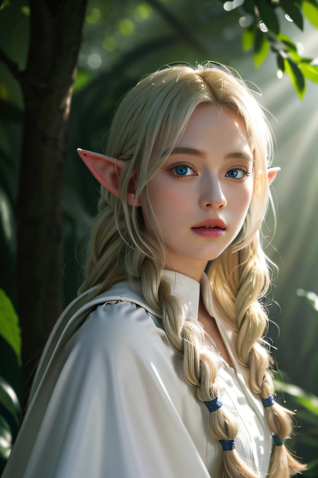 masterpiece, Best Quality, Upper body, High Detail Face, 1girl in, Solo, 10's Beautiful German girl, Platinum blonde braid hair, elf ears, cape coat with gold edging, Blue eyes, magical staff, Looking at Viewer, from front, fantasy, surrounded by mystical forest, soft sunlight filtering through lush greenery, diffused soft lighting, shallow depth of field, sharp focus, cinematic lighting, photo realistic