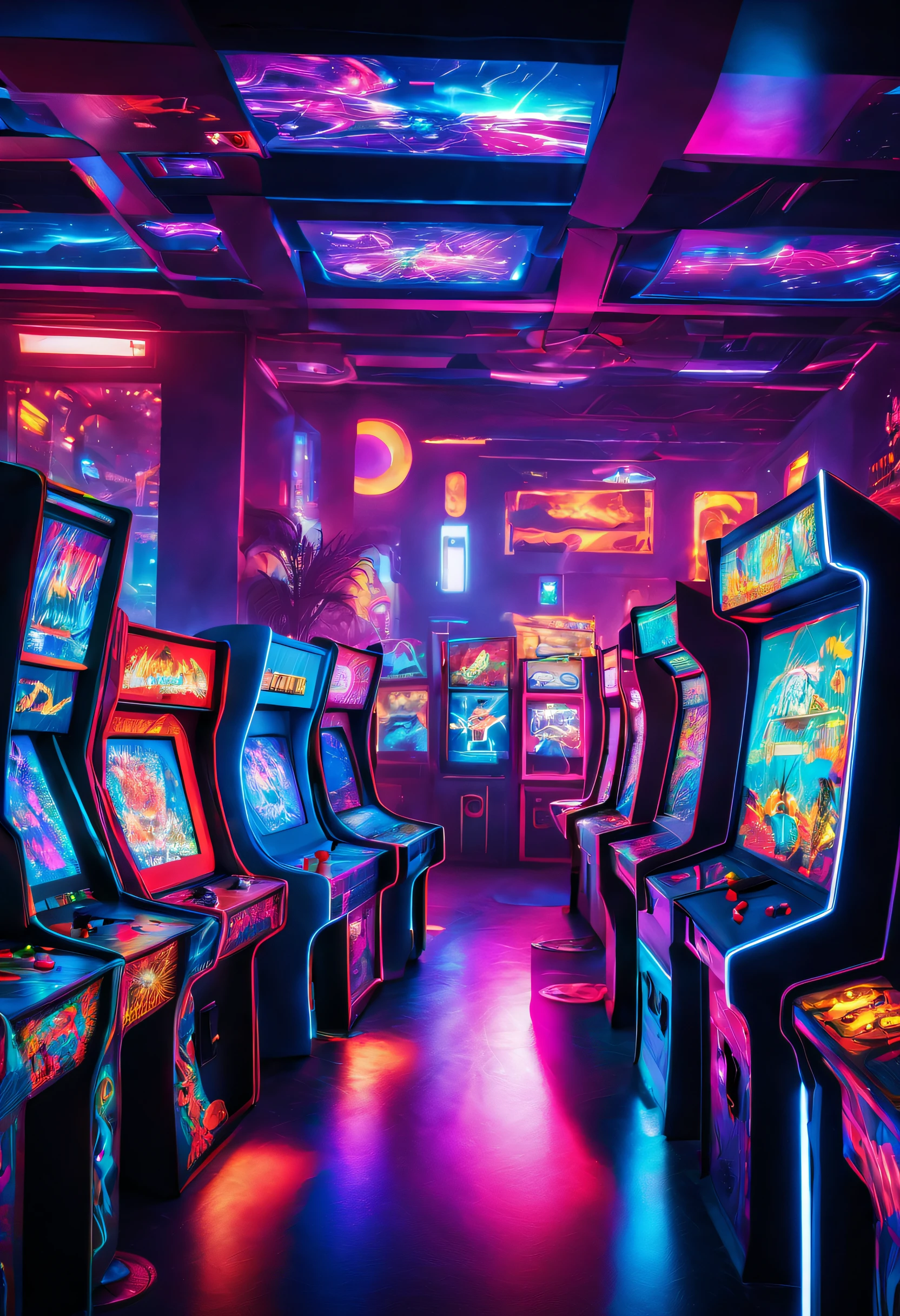 (highres, vivid colors, ultra-detailed), high-tech arcade game room, futuristic gaming machines, intricate details, players engrossed in playing, realistic lighting, LED lights reflecting on players and machines, vibrant colors creating a futuristic ambiance, innovative perspective from the machine's screen, futuristic city as the background