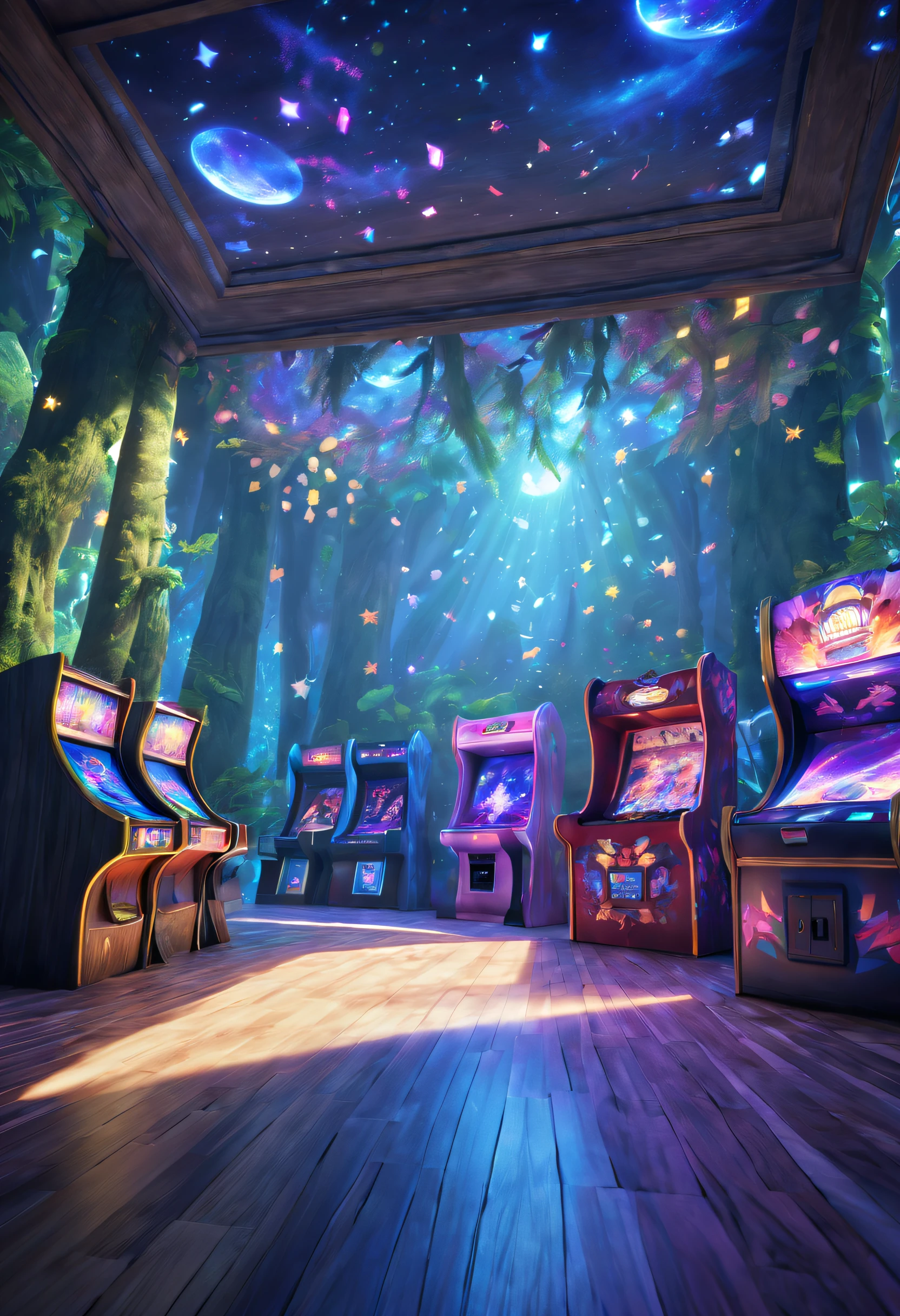 (best quality,4k,8k,highres,masterpiece:1.2),ultra-detailed,(realistic,photorealistic,photo-realistic:1.37), vibrant colors, vivid lighting, fantasy elements, arcade game hall, high-quality details, peculiar game machines, players, exquisite depiction, realistic lighting effects, sparkling stars on the ceiling, dreamlike colors, ground-level perspective, mysterious forest background.