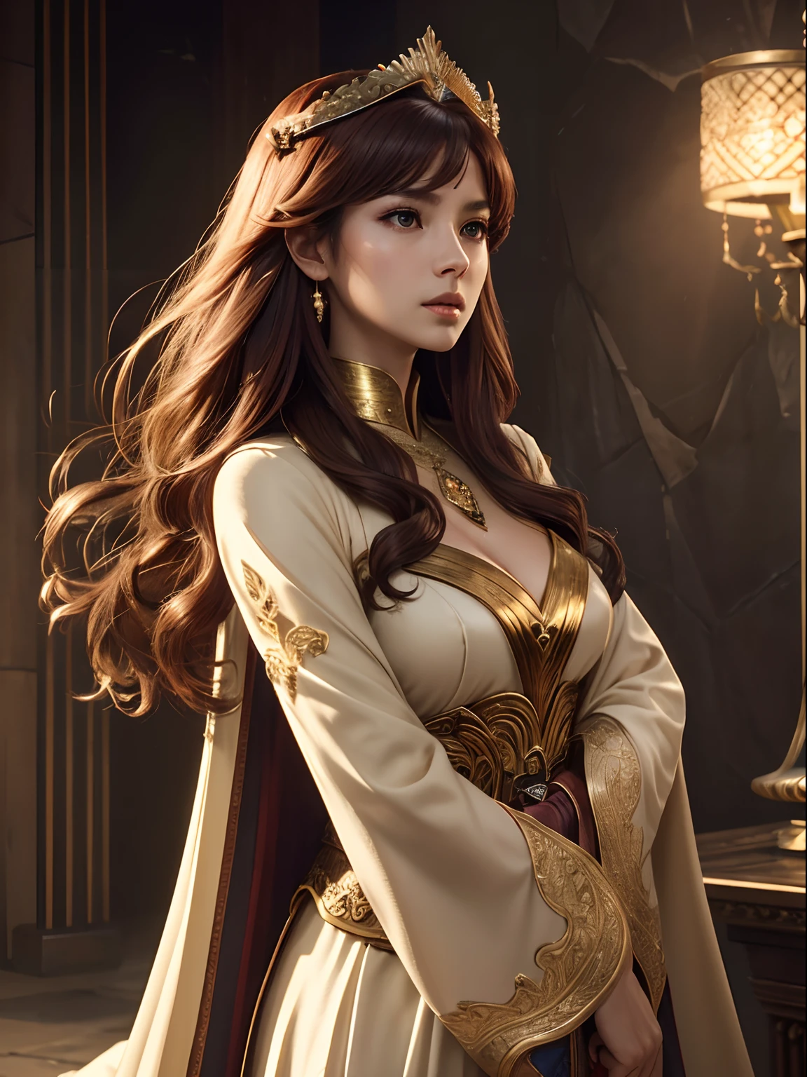 Fantasia、Babylonia、battle field、loimu、Best Quality, Very high resolution, 4K Detail CG, ​master piece、aesthetics、Mysterious、Queen of Thrones、Charisma、Ishtar, Goddess of War、Increase your fighting spirit、Invincible Great General、great、strict、Be brave and bold、brave、Awe-inspiring Hall々、glorias、Prestige、Veteran Hero、Extraordinary beauty、Rin々Right、Guardians of Lions、refinement、noble、Proud、Wearing noble jewelry、Equip your weapon、The appearance is golden armor、Cloak in the wind、tall and slender、Fiery red hair long hair、thirds rule、Perfect Angle、(((​masterpiece)))、(((top-quality)))、((ultra-definition))、(High Definition CG Illustration)、((extremely delicate and beautiful))、Cinematic Light、）
