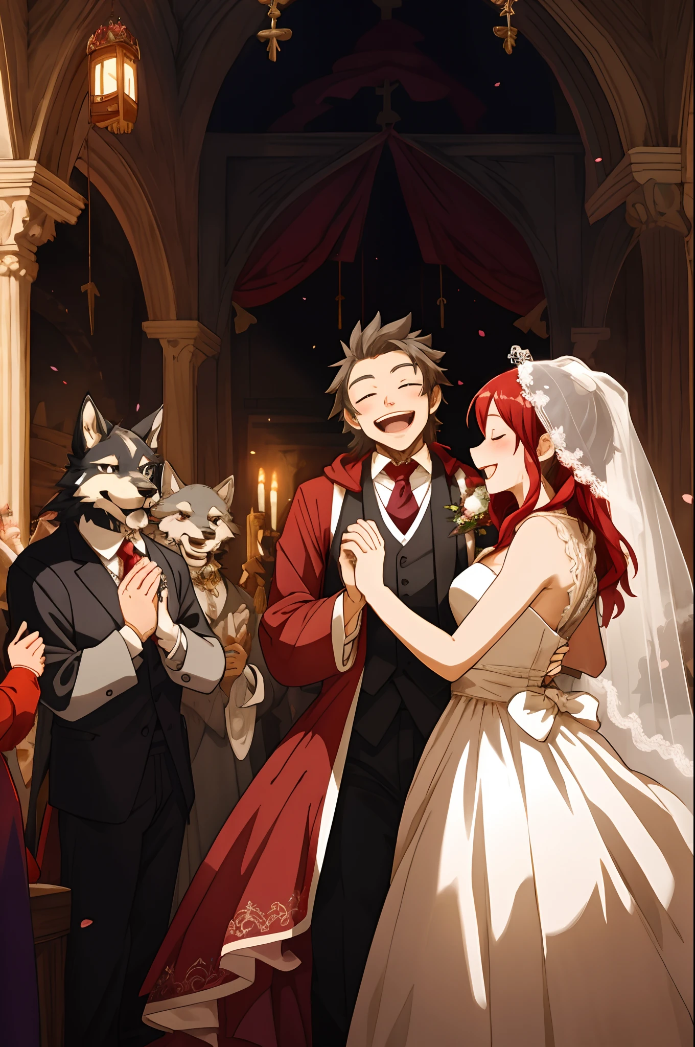 cover_page, Fairy Tail wedding scene, Little Red Riding Hood Wedding with the Wolf, Beautifully dressed old lady in the background, Uncle of a hunter in a stylish suit, Clapping hands in joy and celebrating, Romantic and dreamy atmosphere, Ceremony in a lavishly decorated venue,