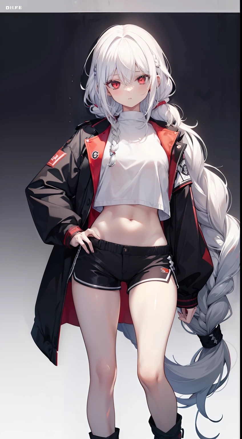 1girl, white hair, red eyes, navel, looking at viewer, hand on hip, black jacket, dolphin shorts, crotch, (white shirt: 1.2), braid, very long hair, wide hips, underwear, shirt, large\ (BodyProportions\),
   INFO