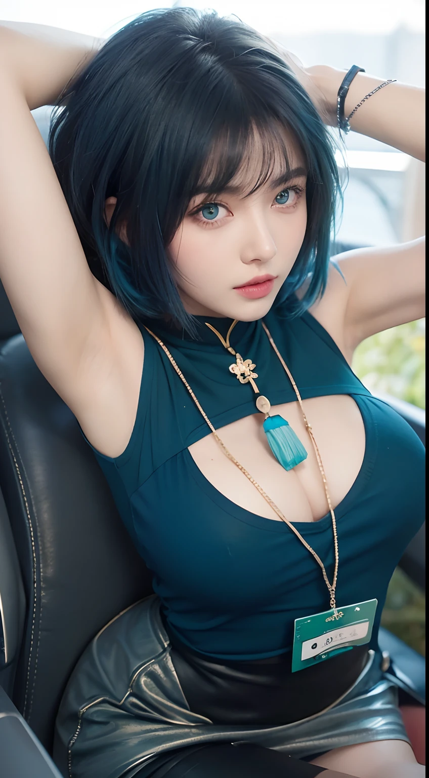 1girl, Yelan, (Short Hair, Blue Hair, Green Eyes), Blue Shirt, realistic, ultra detail, 70mm lens,