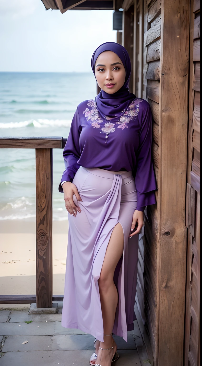 RAW, Best quality, high resolution, Masterpiece: 1.3), Beautiful Malay woman in hijab, Masterpiece, Perfect slim body, Beautiful big eyes, watery eyes, Soft smile, wet lips, big breast, ((wearing a tight light Purple Malay shirt with floral motifs, batik, with a closed hijab)), a simple diamond necklace, ((closed clothes), ((modest clothes)),((wearing a long, loose pliskit skirt with no slits down to the ankles, blowing in the wind, light purple)),((full body:1.2))smilling, windy, skin details, skin texture details, thick thighs, sexy body, morning time, smiling, happy, bright sunlight,seashore,blurred background, bokeh