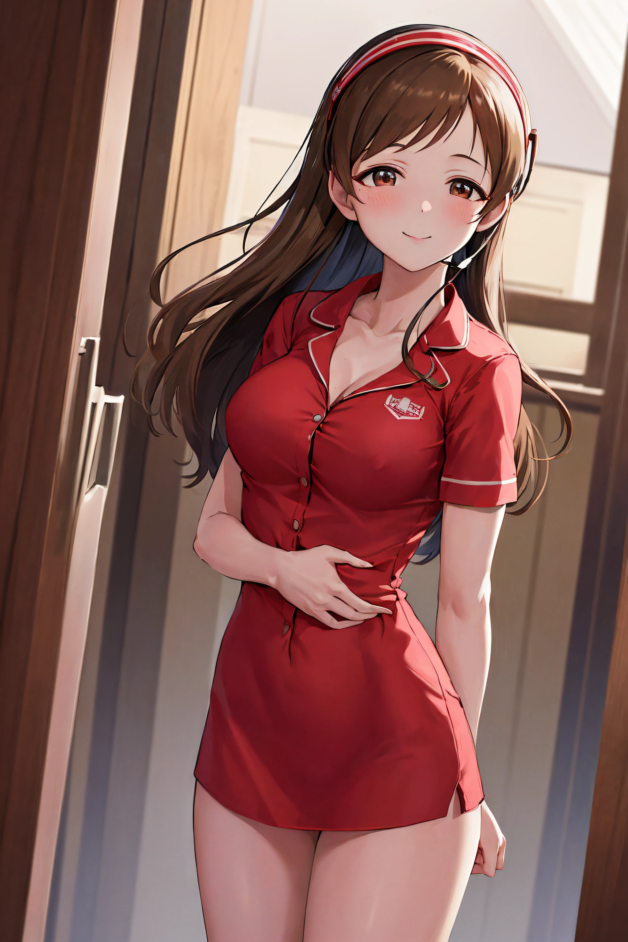 masterpiece, best quality, highres, aanitta, long hair, visor cap, headset, medium breasts, cleavage, pajamas, red shirt, dress shirt, bare legs, idolmaster, cowboy shot, standing, smile, blue sky, arms at sides, straight-on,NSFW, (beautiful_face:1.5),(narrow_waist),(perfect hands, perfect anatomy),
