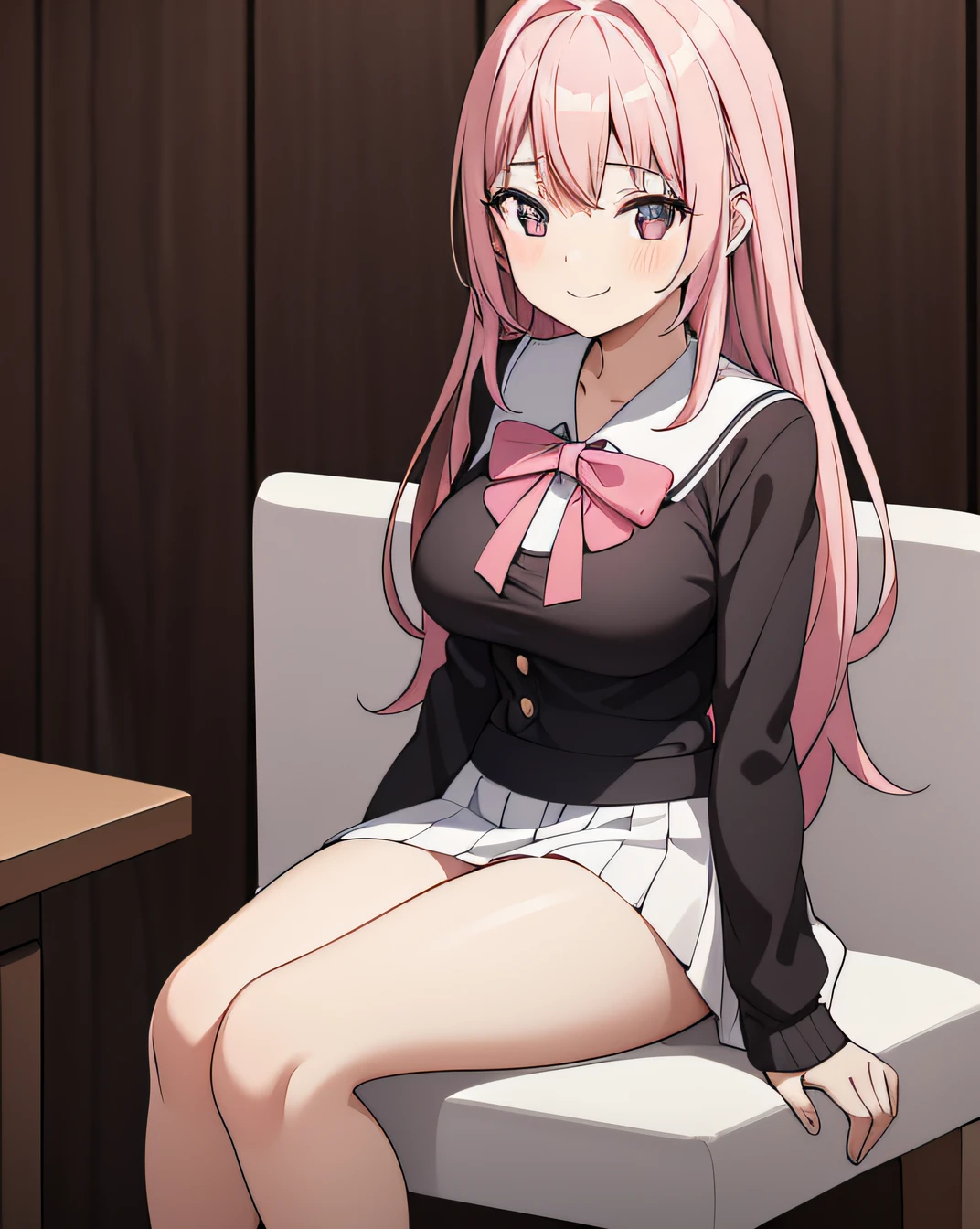 1girl, medium height, black eyes, pink long, thick thighs, sitting on a chair, sexy smile, white panty, wearing tight white school uniform, short black skirt, medium size breast, slim waist, perfect fingers, 5fingers, HD, high res, looking at viewer, high quality