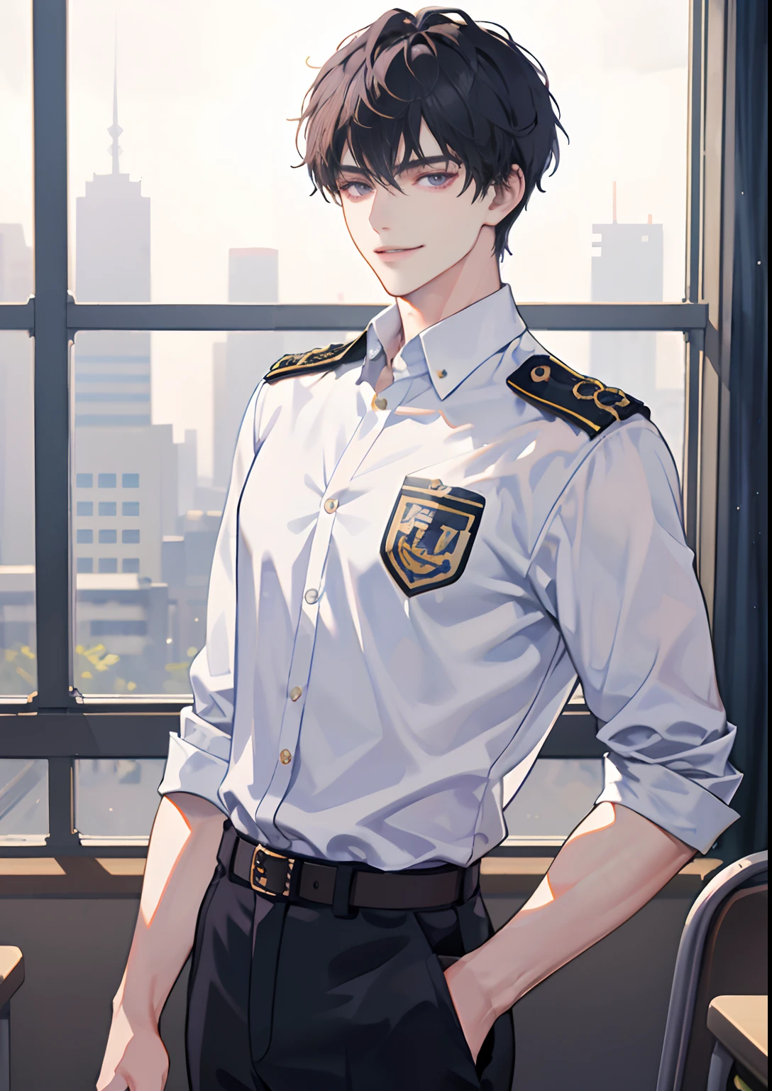 masterpiece, best quality, 1man, short hair, hair trimmed short, very short hair tousled back, comma bangs, handsome student, solo, trendy, ash hair, purple eyes, lean body, tall body, skinny, masculine, alpha male, clean shaven face, broad shoulders, tiny waist, modern, man wears korean school uniform, sophisticated uniform, black trousers, white uniform, student council badge, specs, half body shot, CG 8k, high school student, smirking, perfect anatomy, correct limbs, looking at viewer, in school classroom