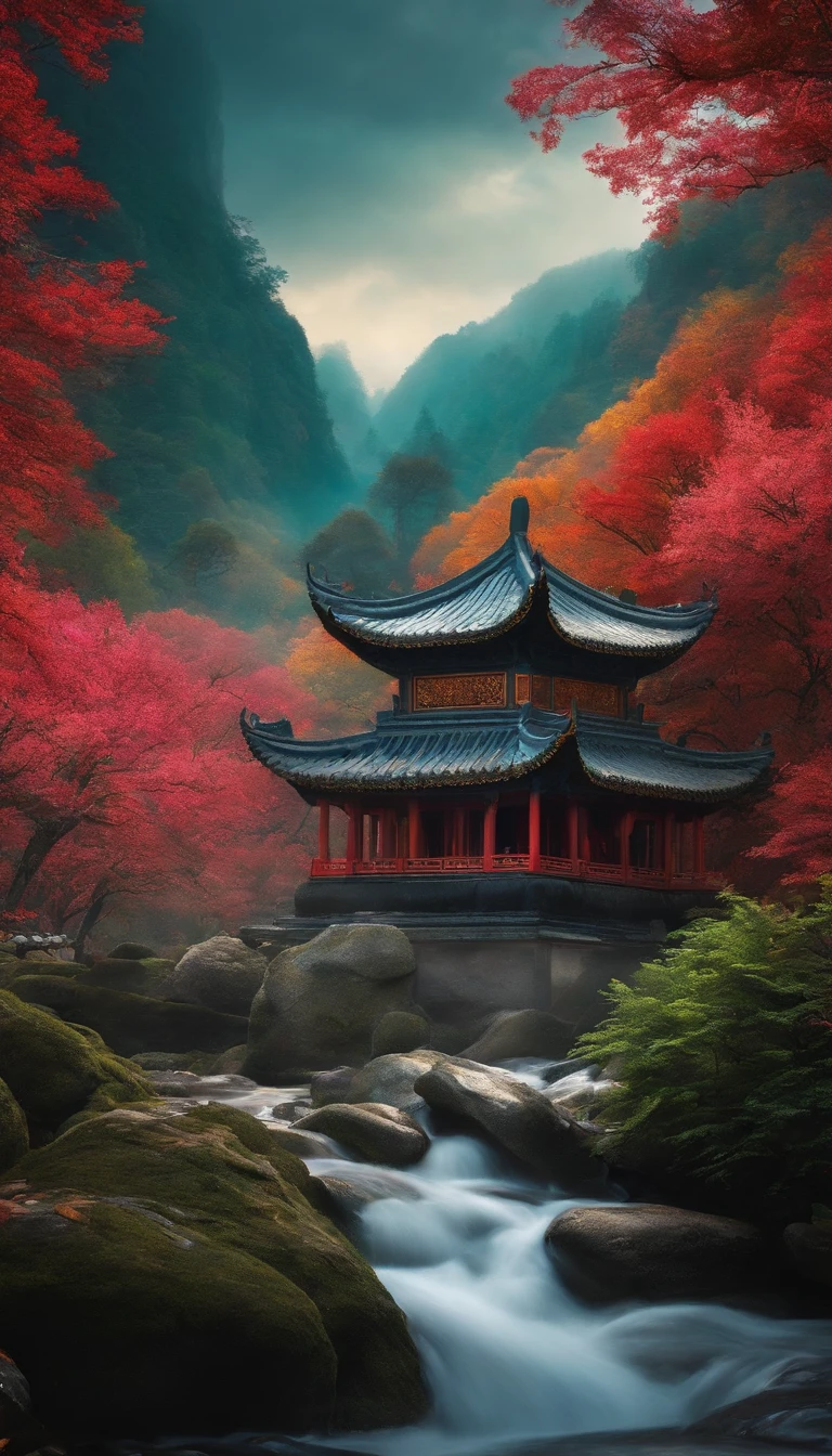 (Light magic:1.2), (Grim:1.1) forest, springtime,Potala Palace, Lhasa, (Intricate details), Mirror-like lake,(ultra - detailed), 8k hdr, high detal, A lot of detail, High quality,Tyndall effect, (Colored:1.3)